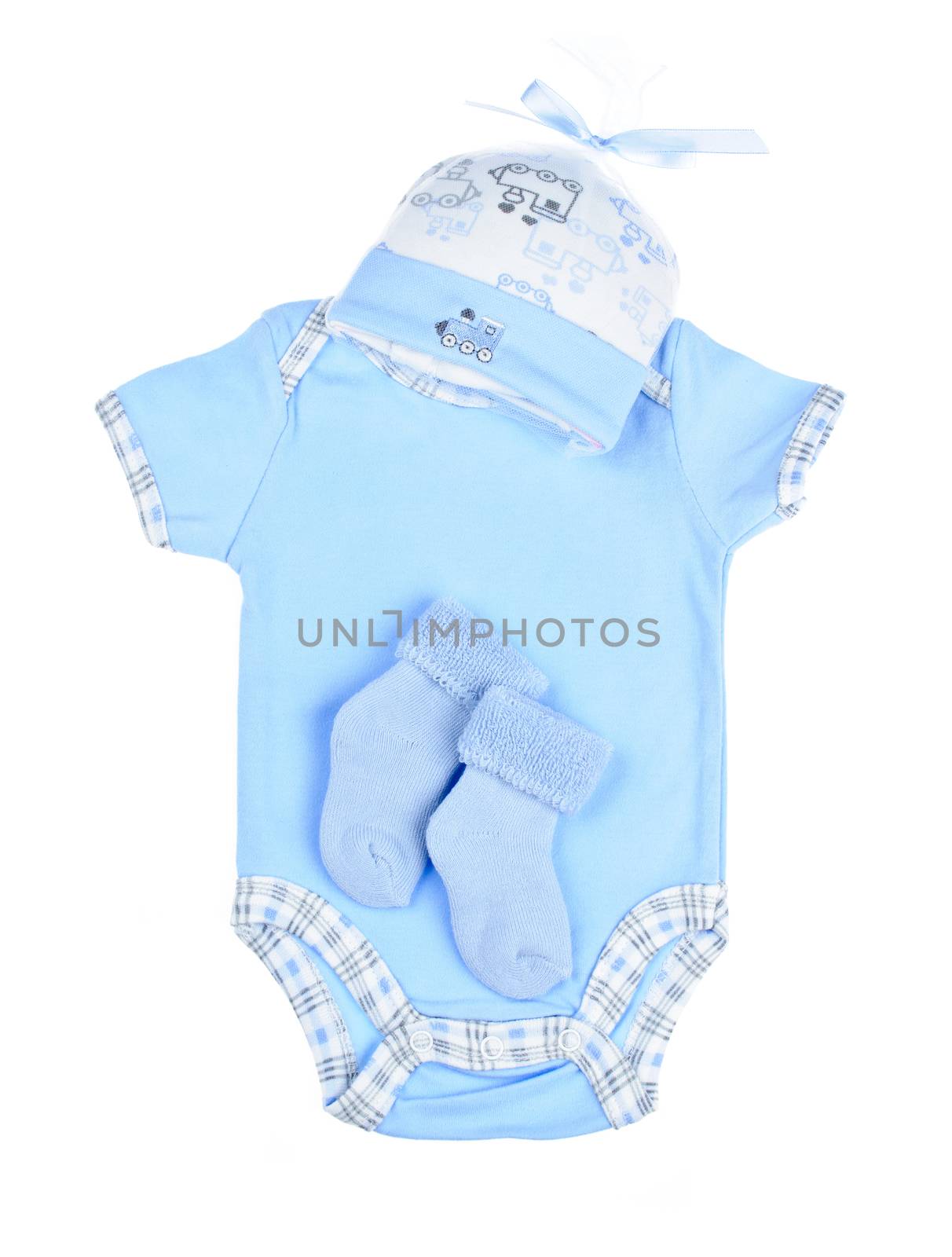 Blue infant boy clothing for baby shower isolated on white background