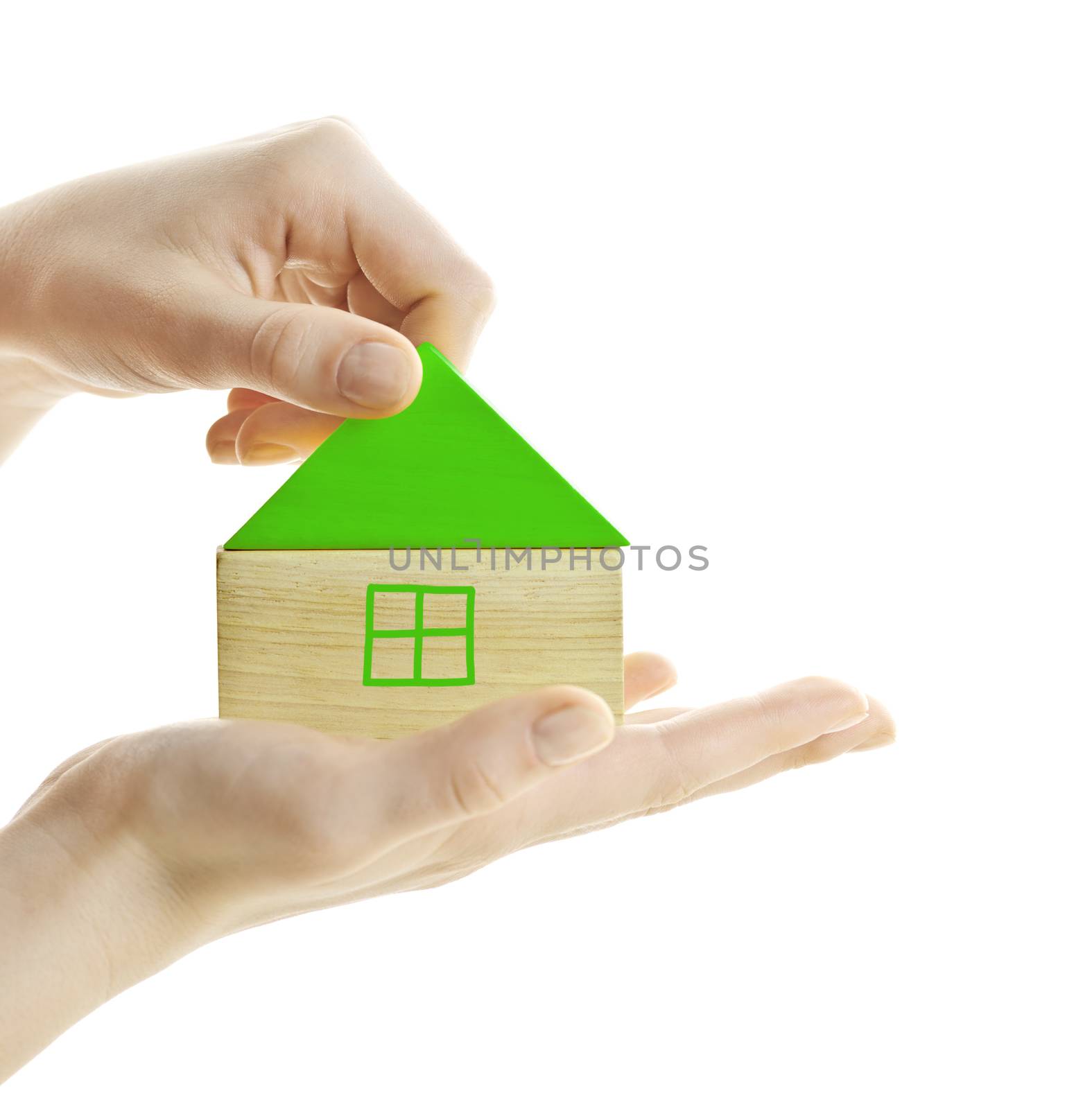 Hand holding green wooden block house isolated on white