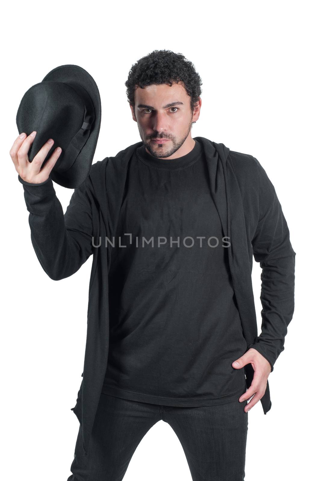 Man in black with his hat, isolated on white