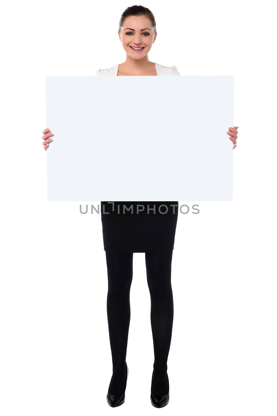 Young woman holding blank whiteboard