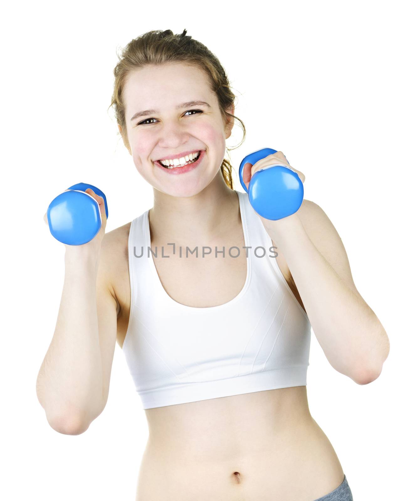 Fit active girl exercising with weights by elenathewise