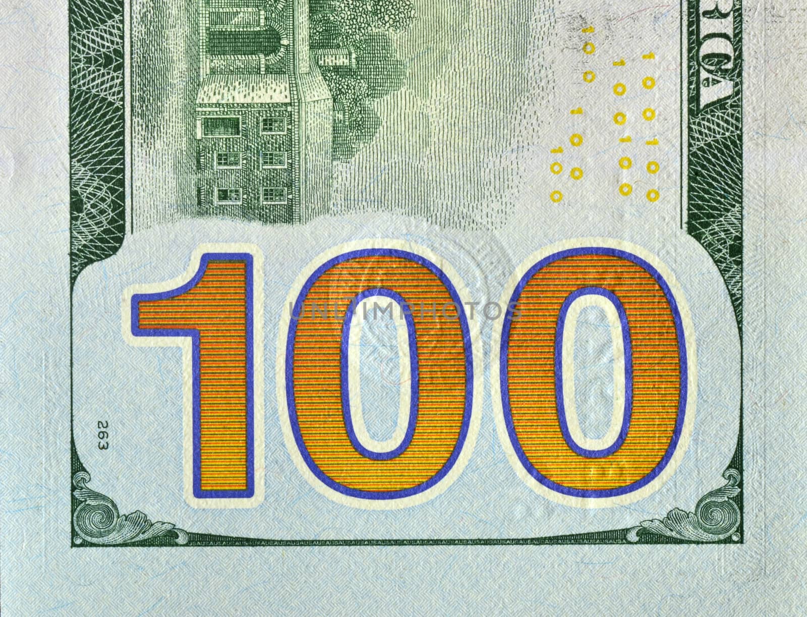 Back part of redesigned new look hundred dollar bill 