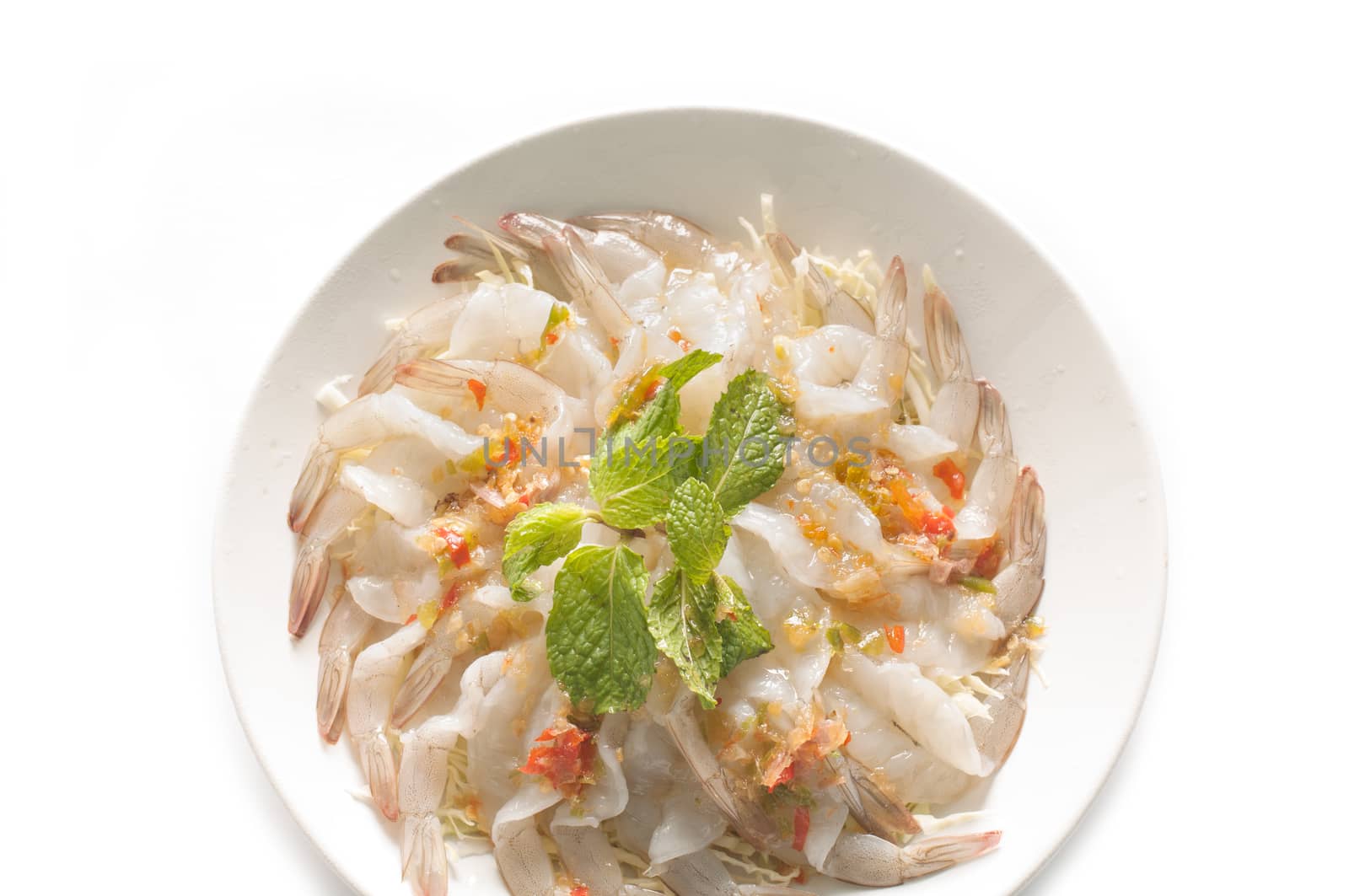 Shrimp in fish sauce on white background