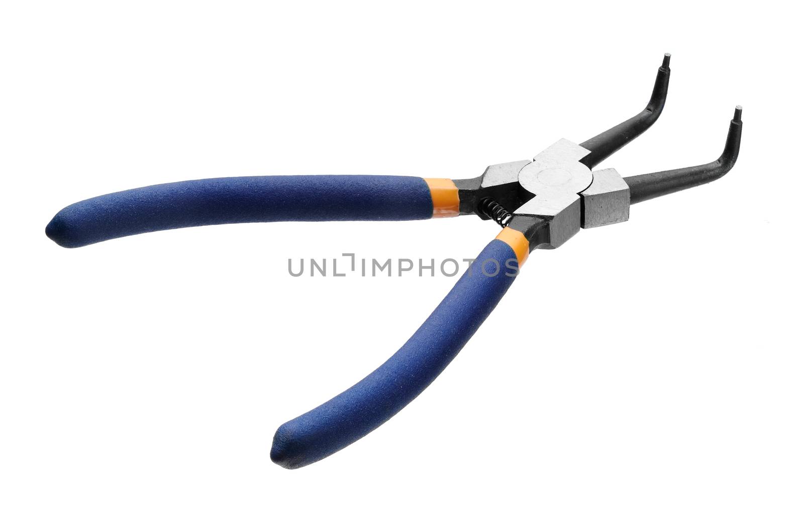 steel pliers with blue rubber insulation over white