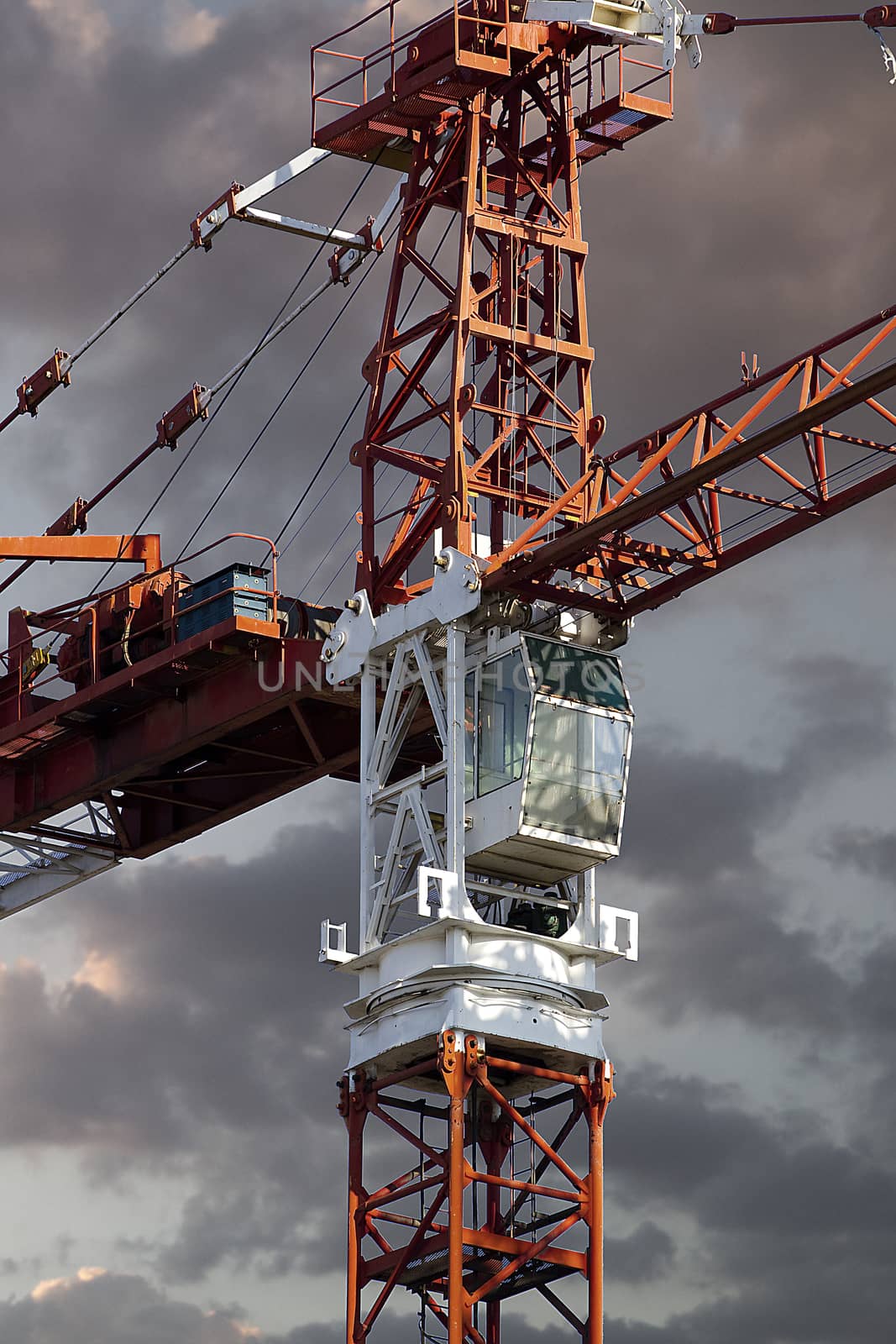 Industrial red crane, sunset background, construction and works by FernandoCortes