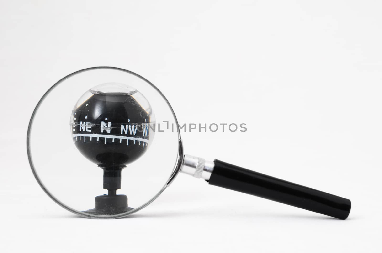 Orientation Concept - Analogic Compass and Loupe on a White Background
