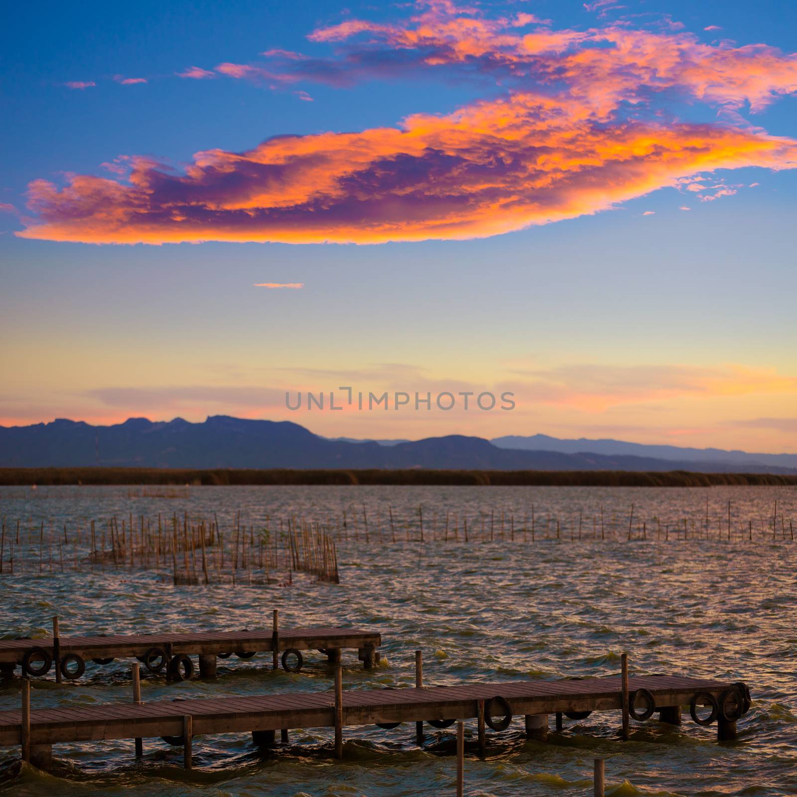 Albufera sunset lake park in Valencia el saler colorful sky of Spain