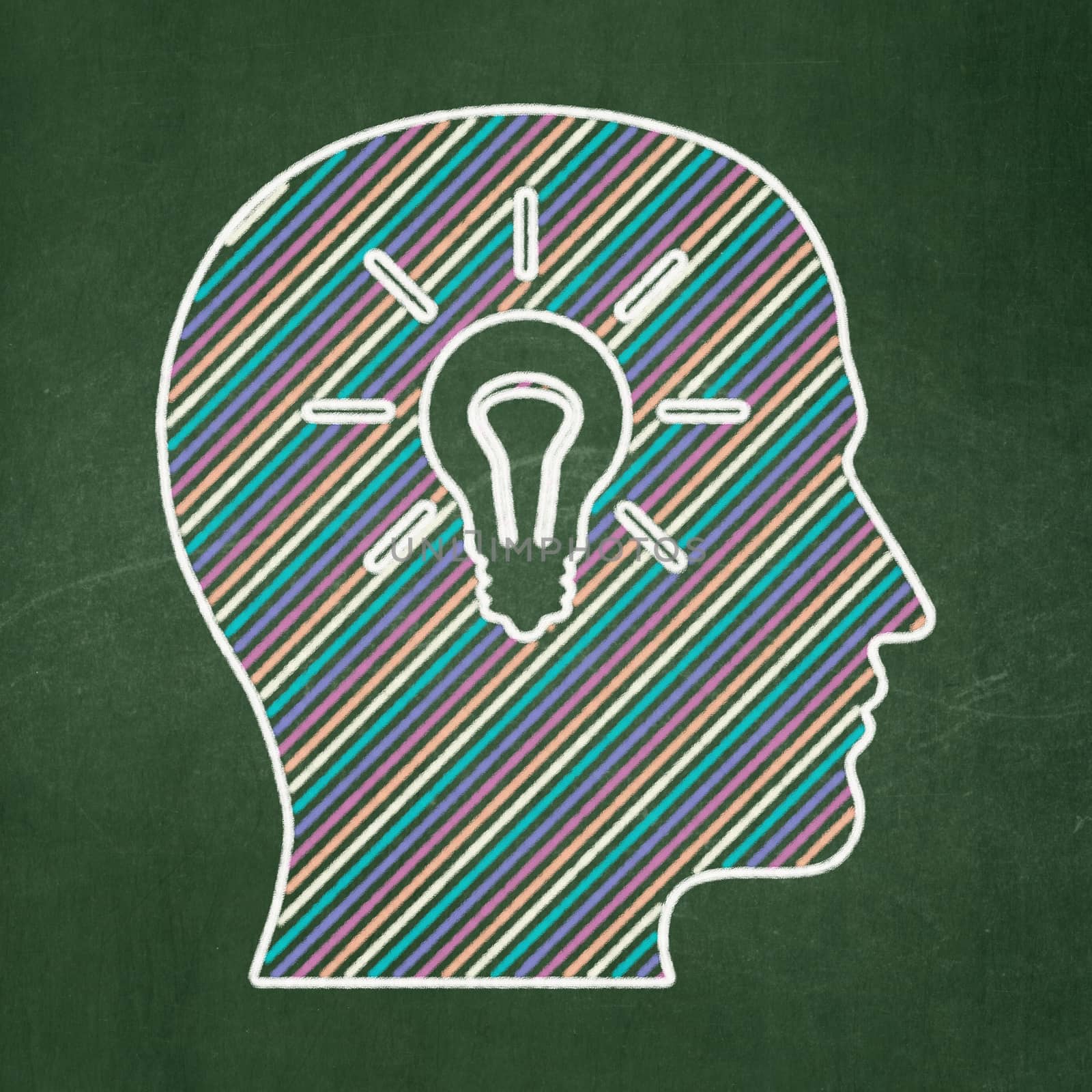 Education concept: Head With Light Bulb icon on Green chalkboard background, 3d render