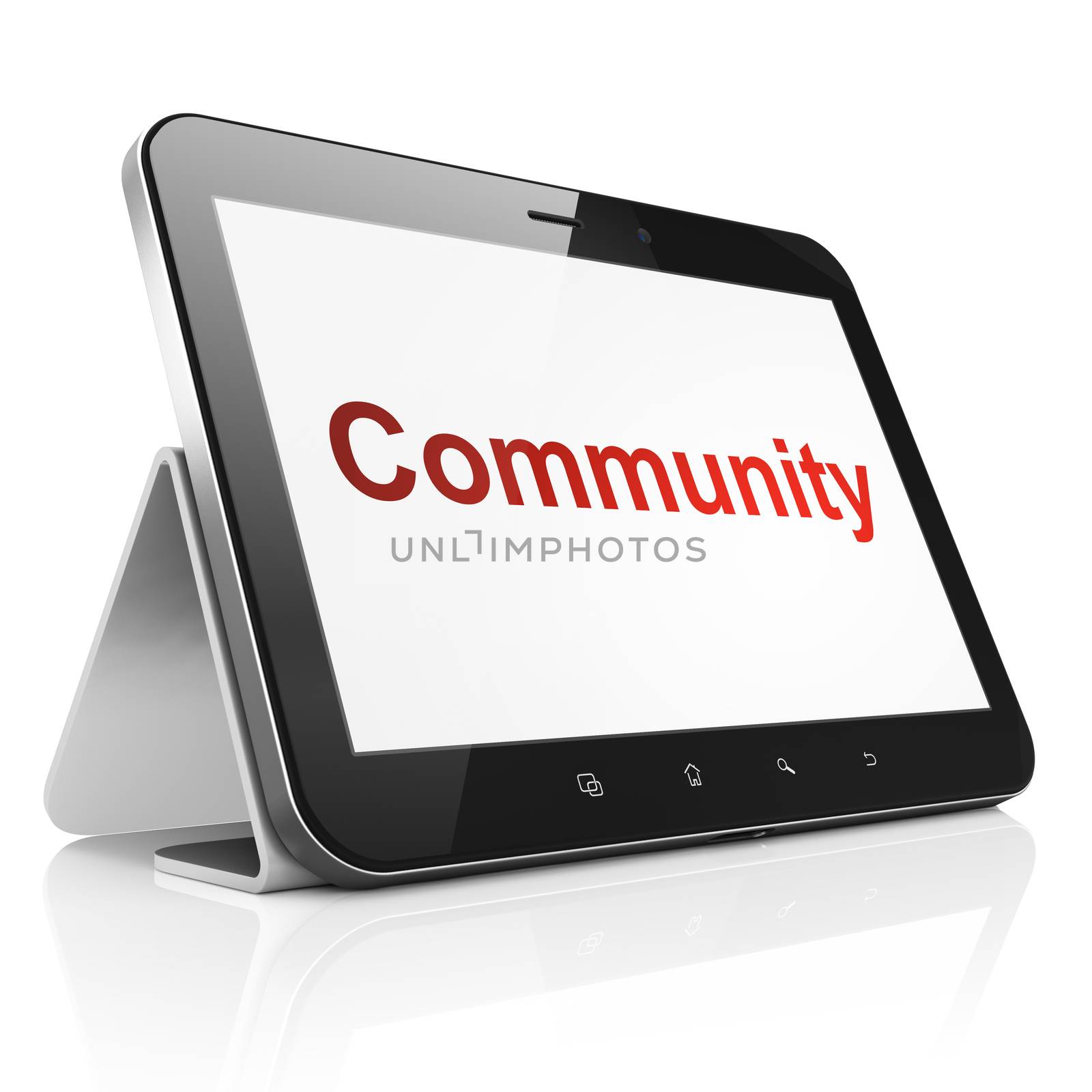 Social network concept: black tablet pc computer with text Community on display. Modern portable touch pad on White background, 3d render
