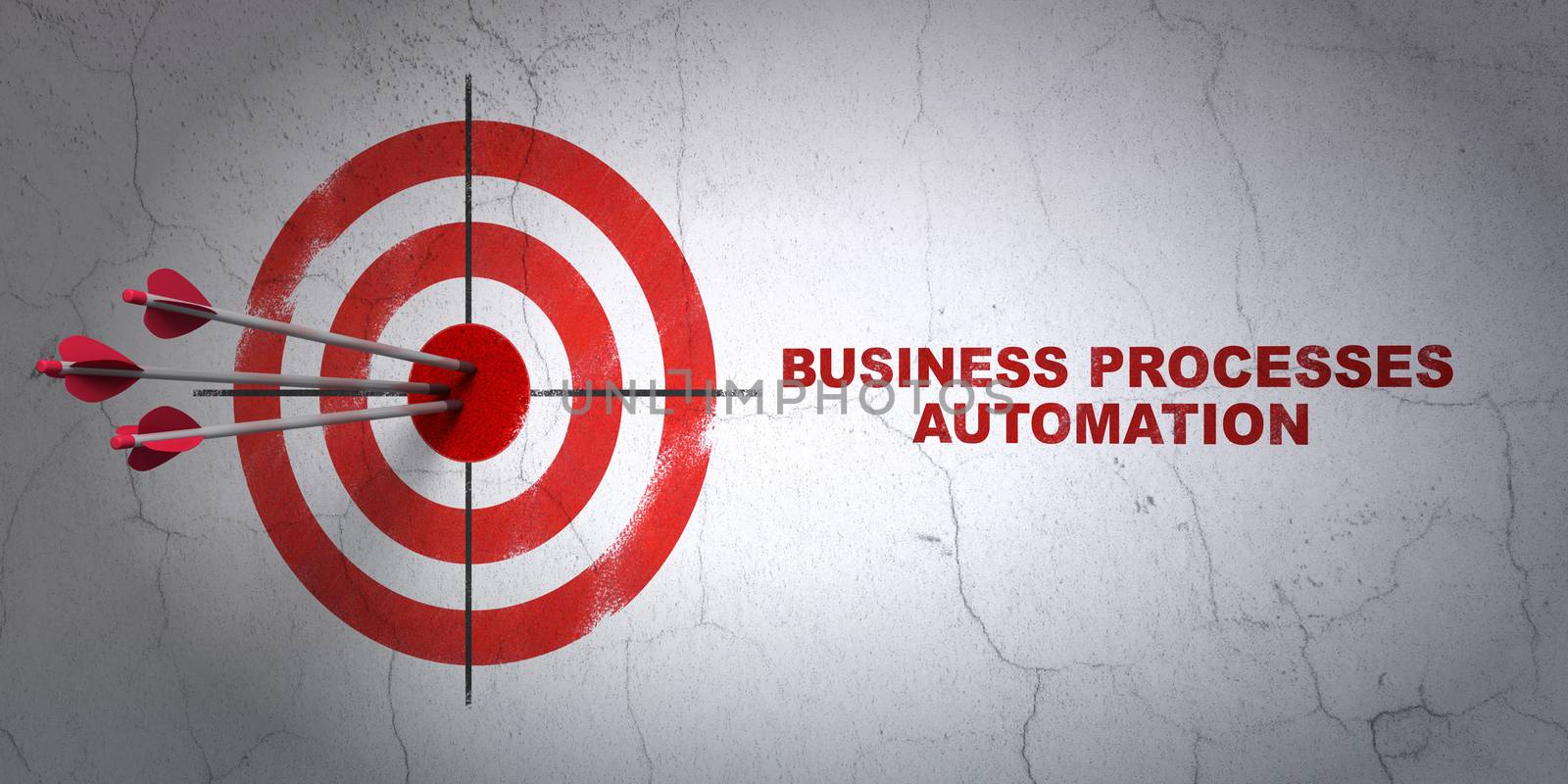 Success business concept: arrows hitting the center of target, Red Business Processes Automation on wall background, 3d render