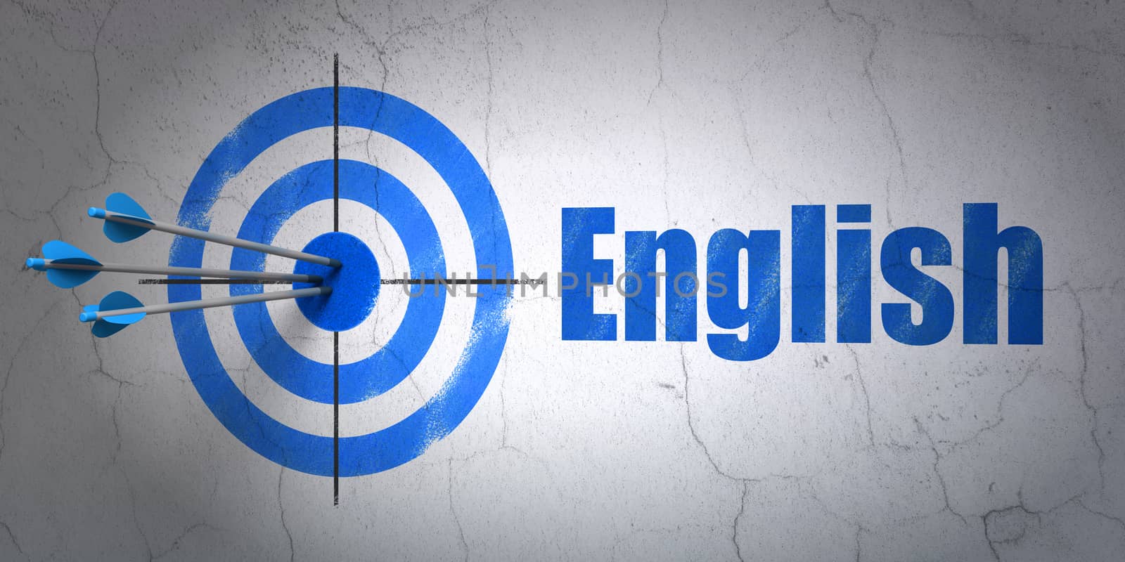 Success Education concept: arrows hitting the center of target, Blue English on wall background, 3d render