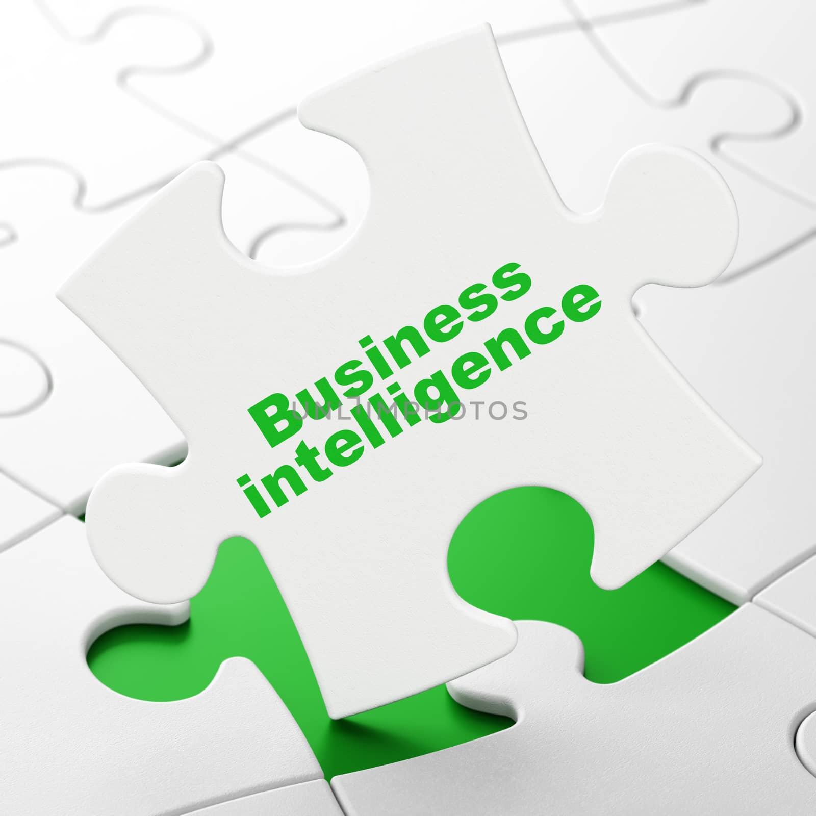 Finance concept: Business Intelligence on White puzzle pieces background, 3d render