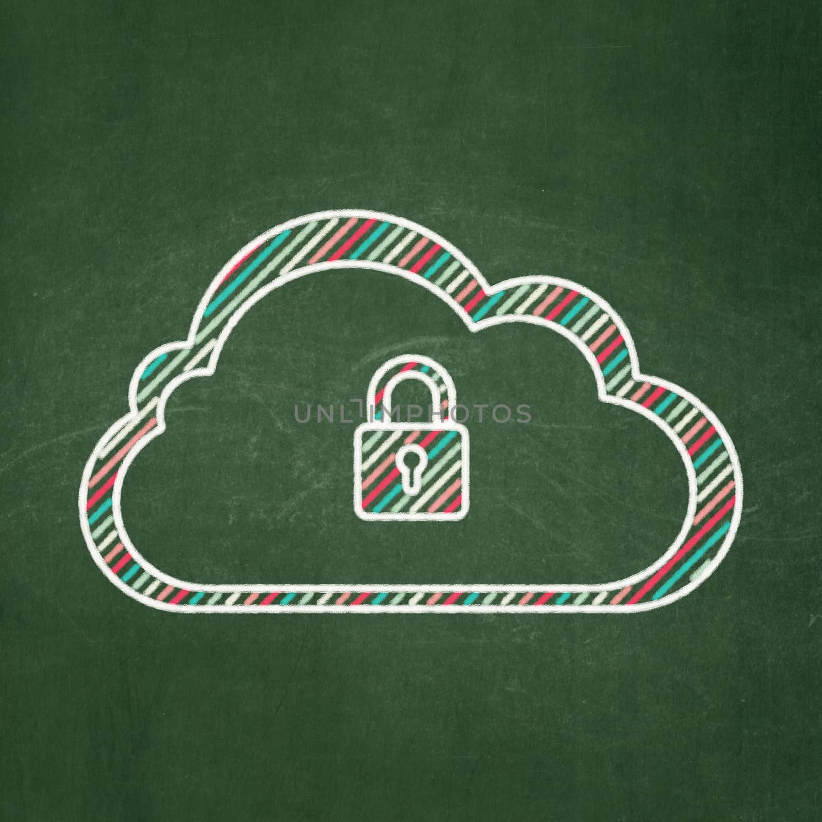 Cloud computing concept: Cloud With Padlock on chalkboard background by maxkabakov