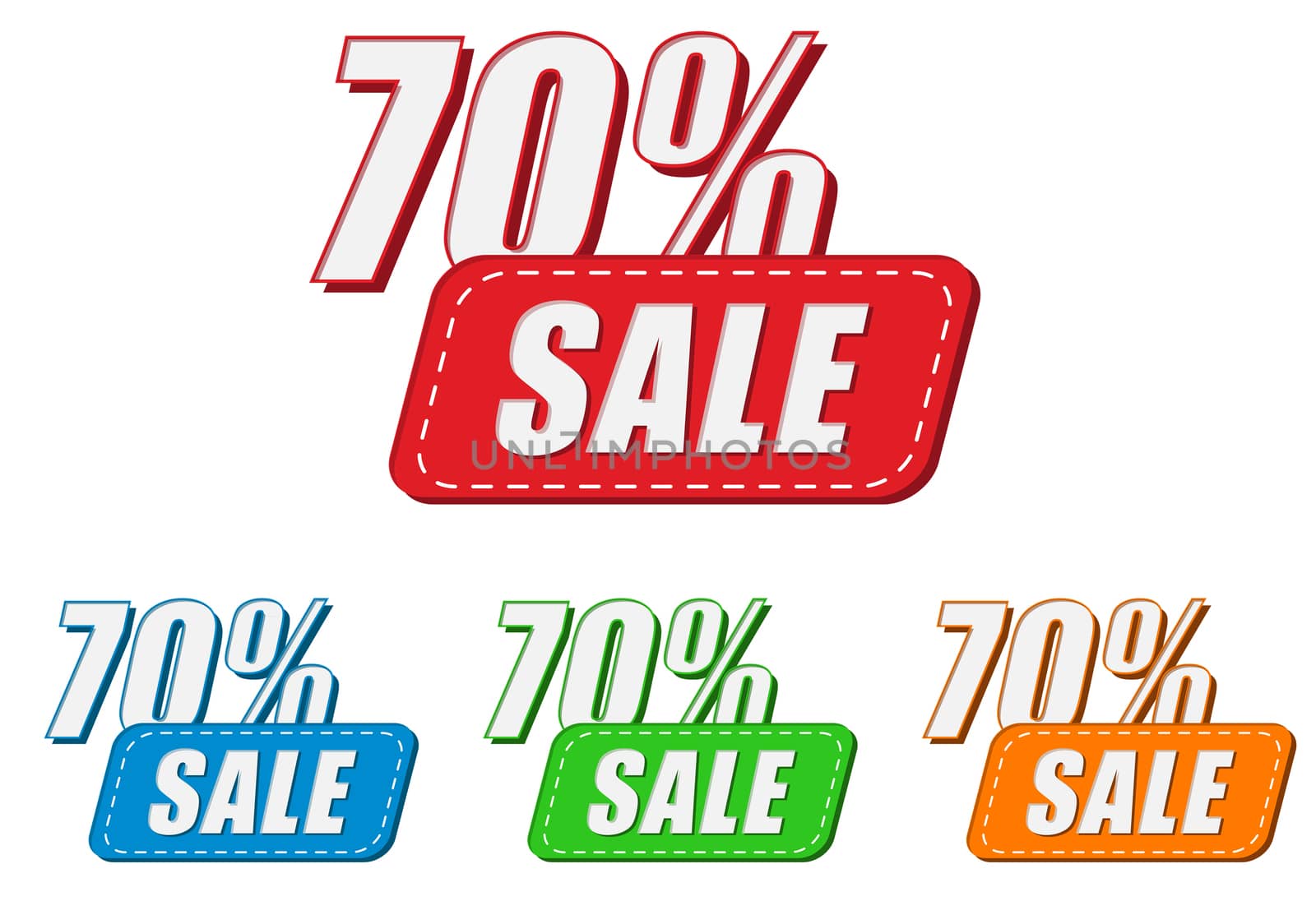 70 percentages sale, four colors labels, flat design, business shopping concept