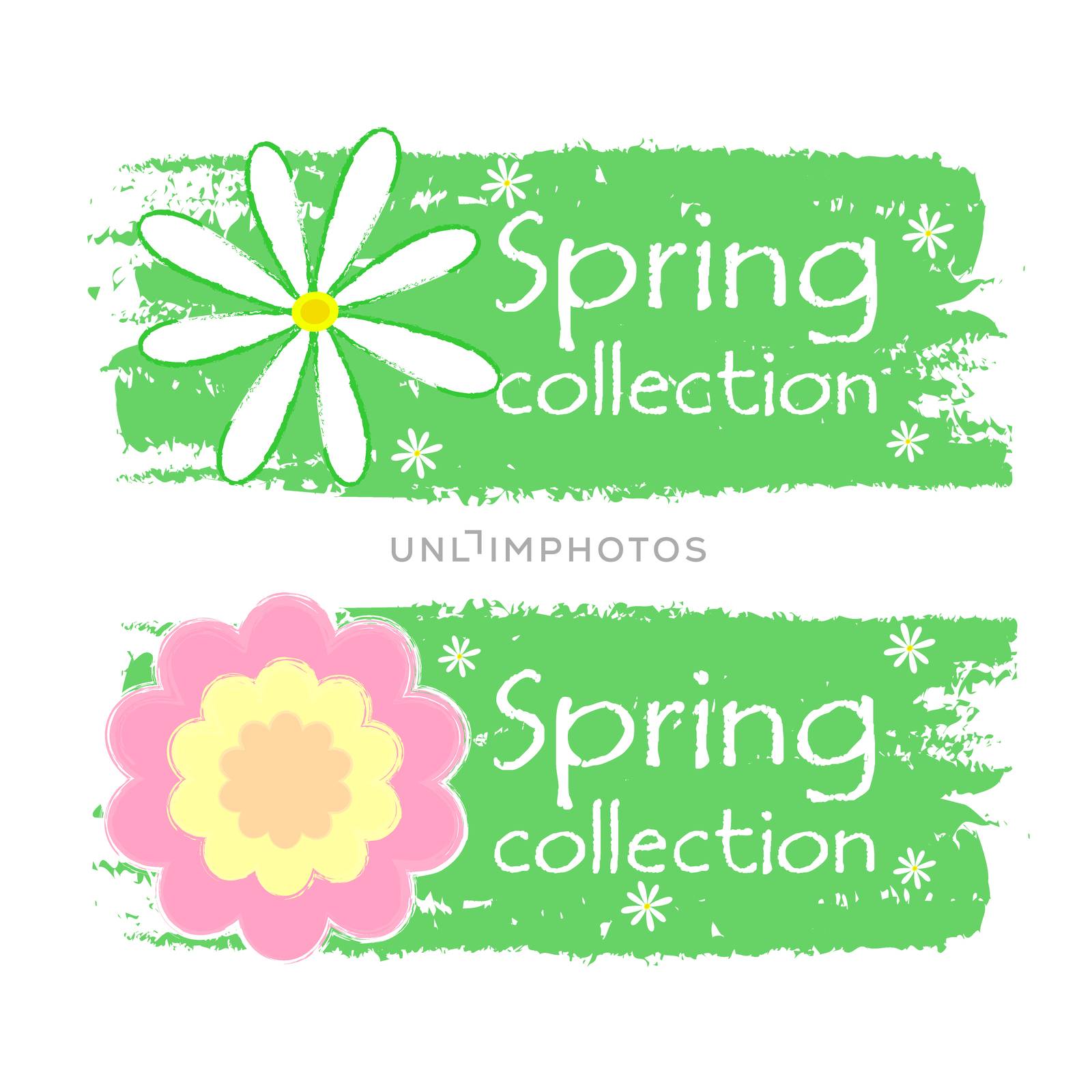 spring collection with flowers signs, green drawn labels by marinini