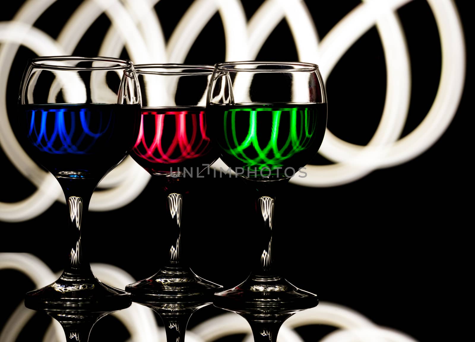 red, green and blue backlit drinks with lightpaint