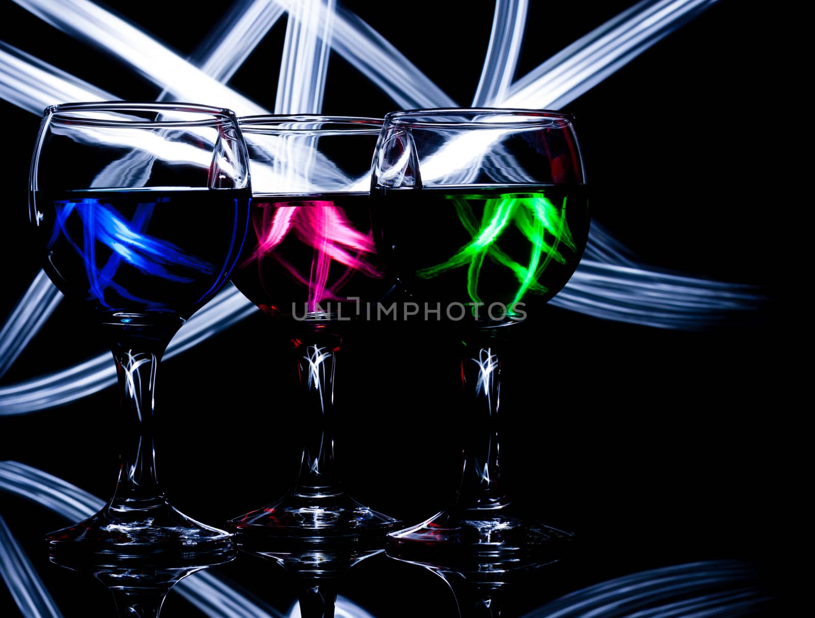 red, green and blue backlit drinks with lightpaint
