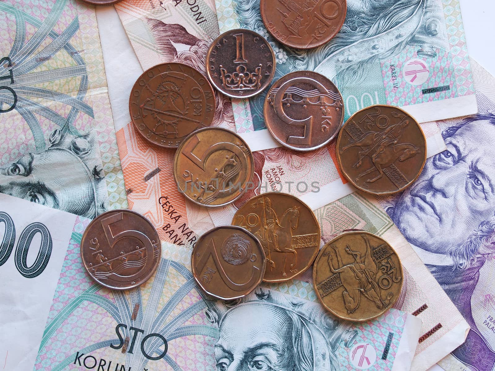 Czech currency (CZK) banknotes and coins useful as a background 