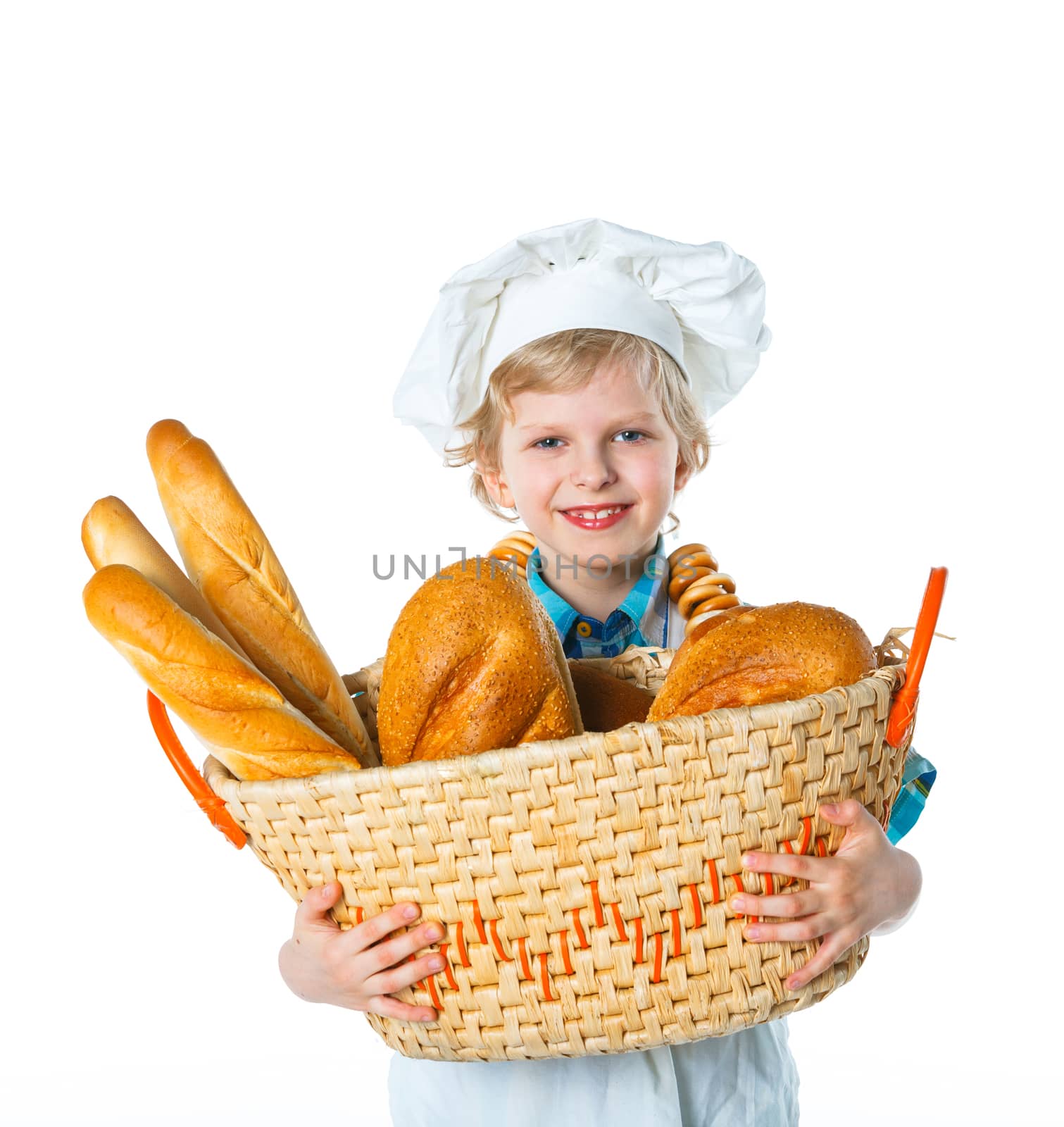 Little Cook With A Backet With Bread. Isolated on white background.