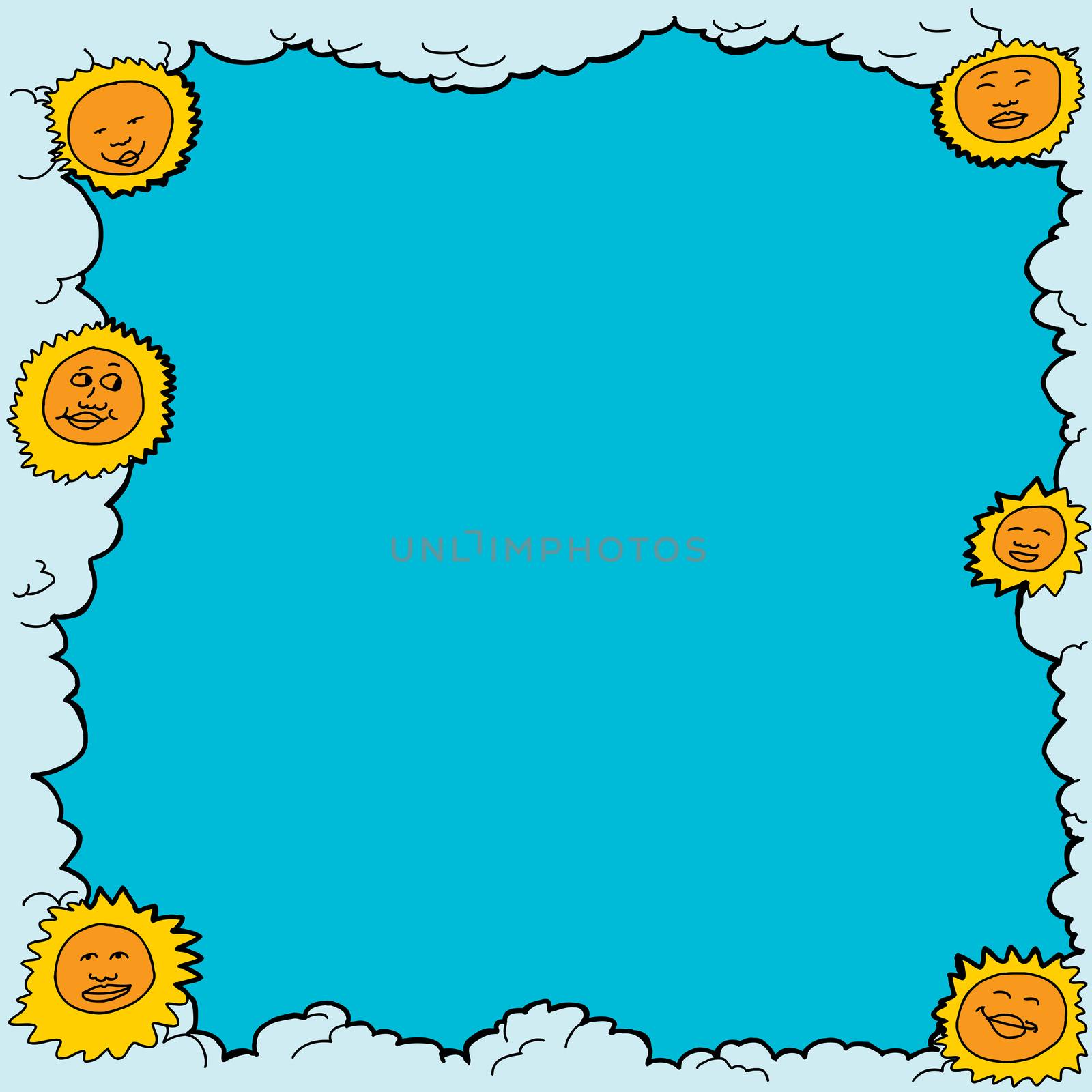 Hand drawn smiling suns with cloudy border