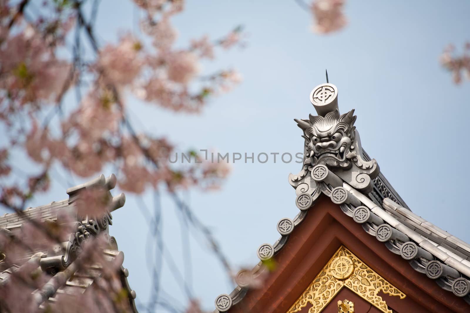 Detail on japanese temple roof against blue sky.