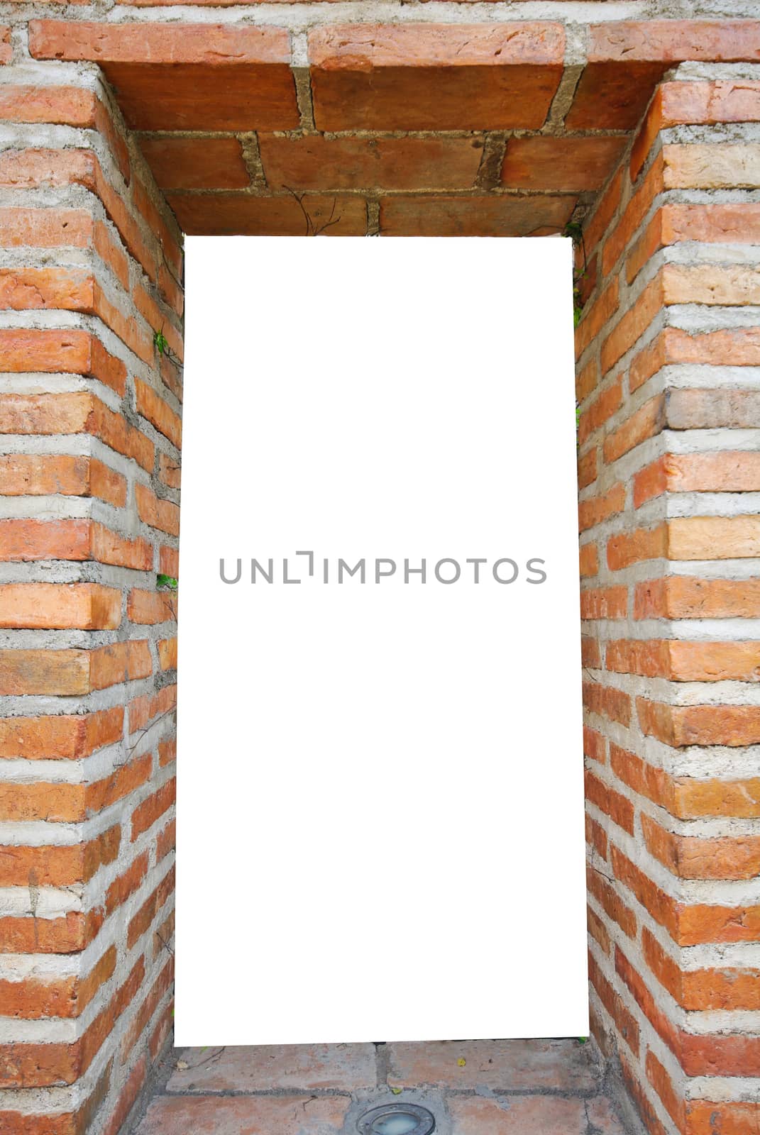 white hole in old wall, brick frame