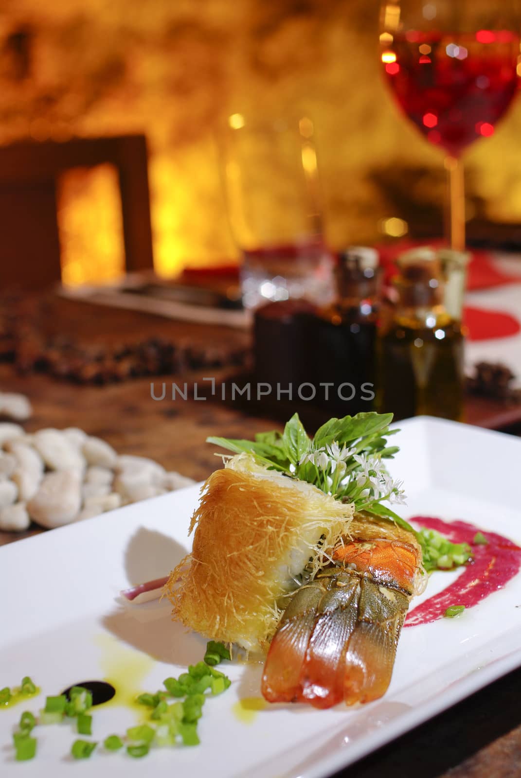 Romantic salmon steak dinner with red wine
