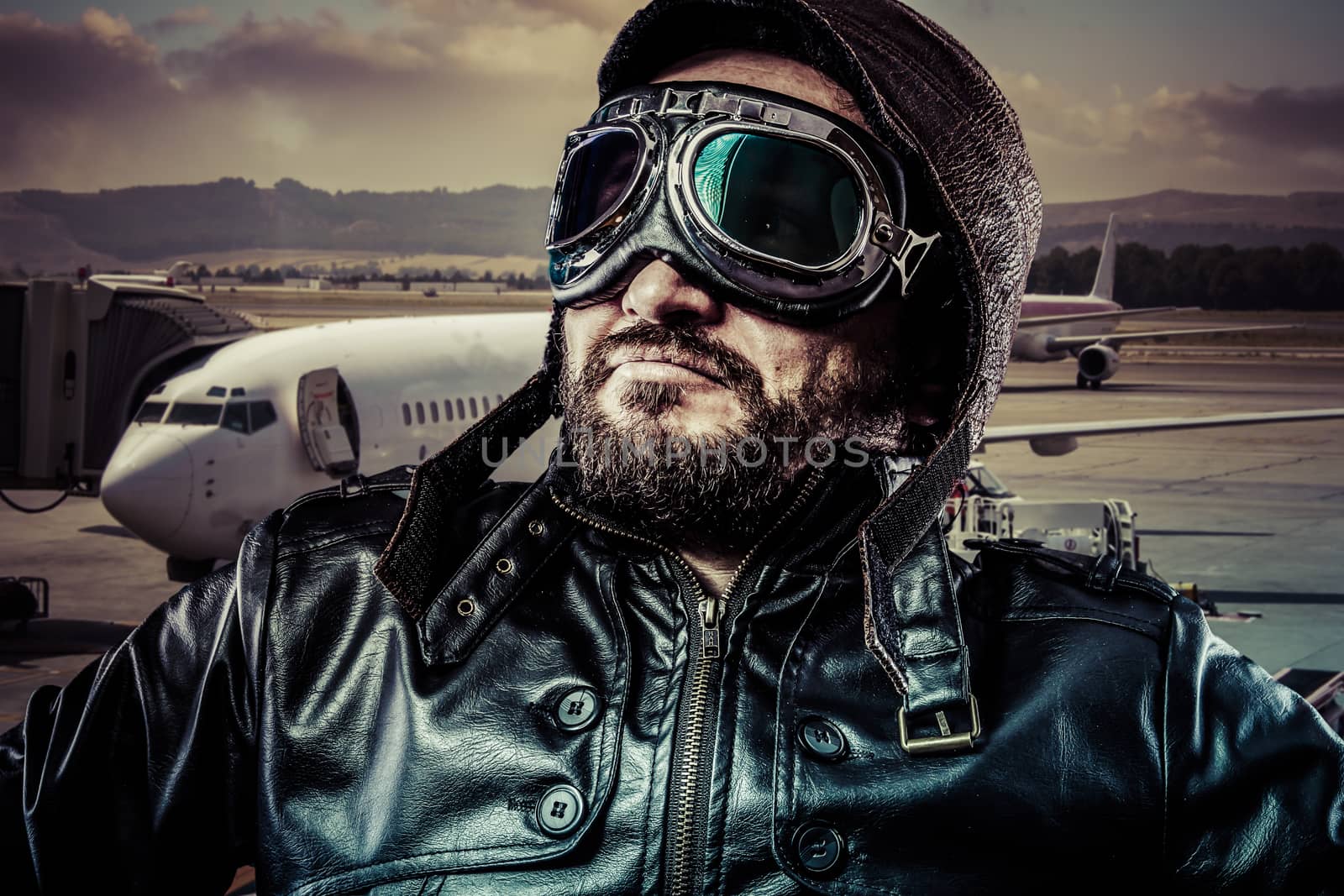 Pride pilot with black leather jacket and old glasses