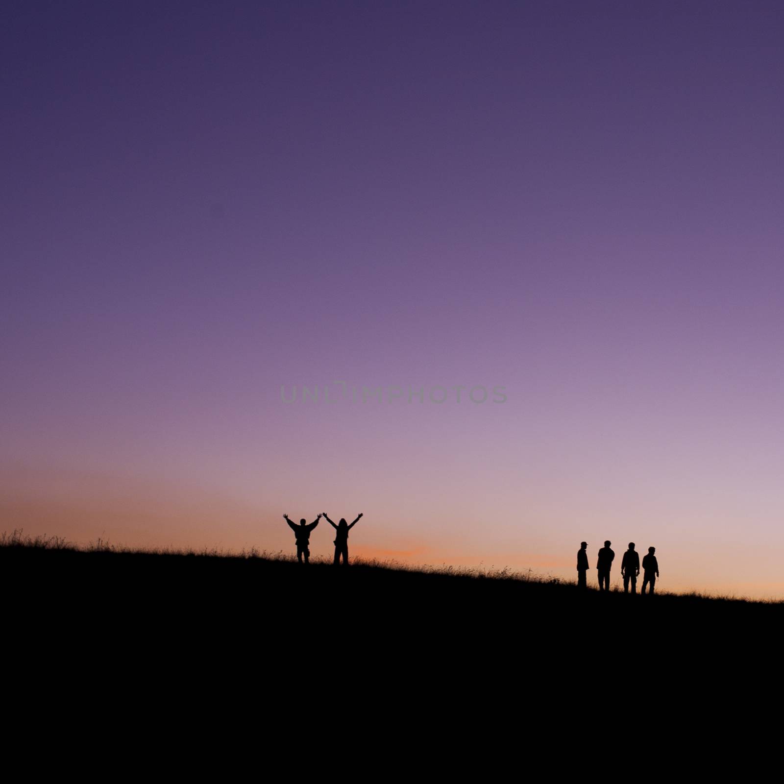 six children jumping for joy on mountain silhouette sunset  by 2nix