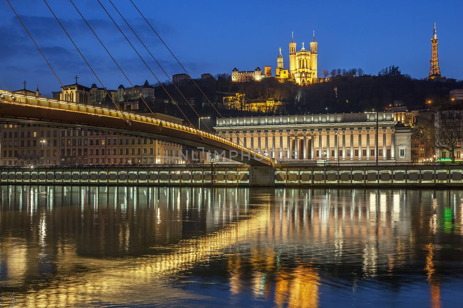 View of Saone river at Lyon by night, France