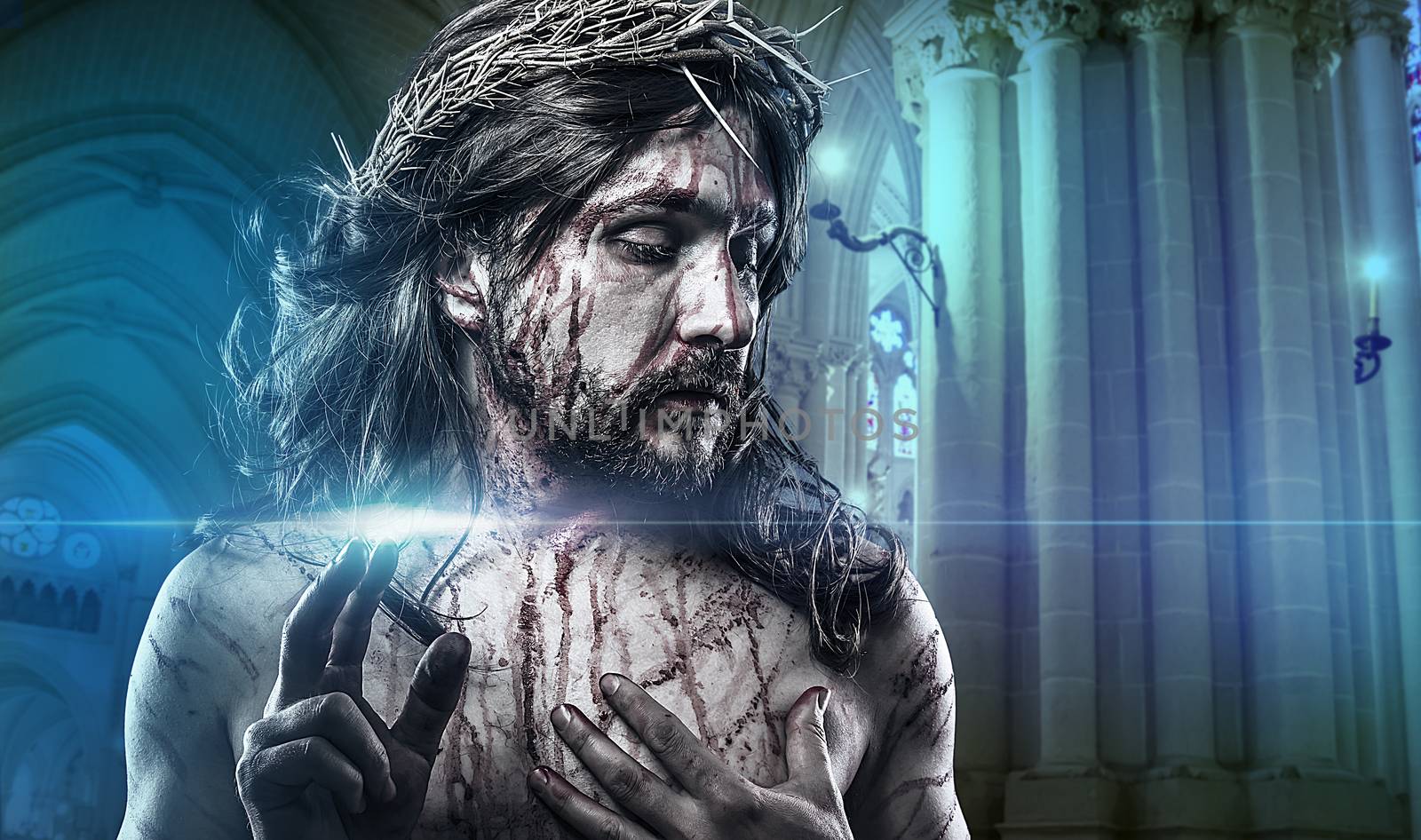 Jesus Christ calvary, man bleeding, representation of passion wi by FernandoCortes