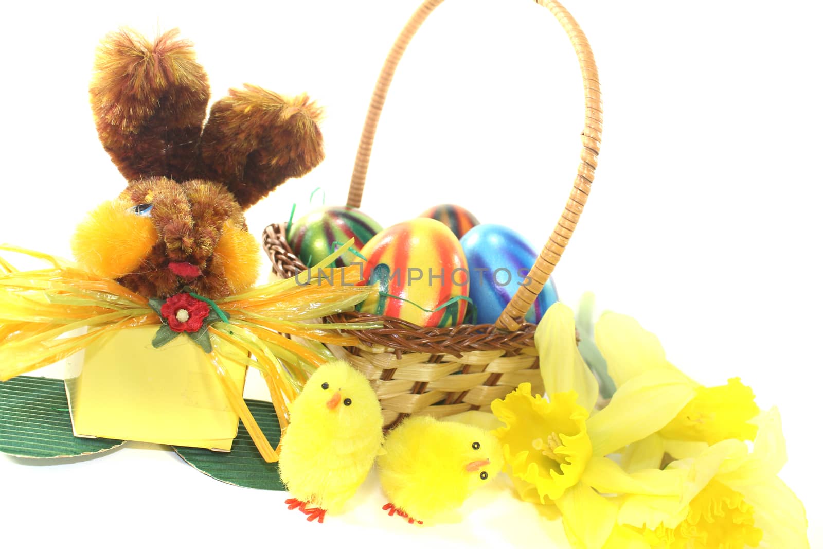 Easter Basket with chick and bunny on a light background
