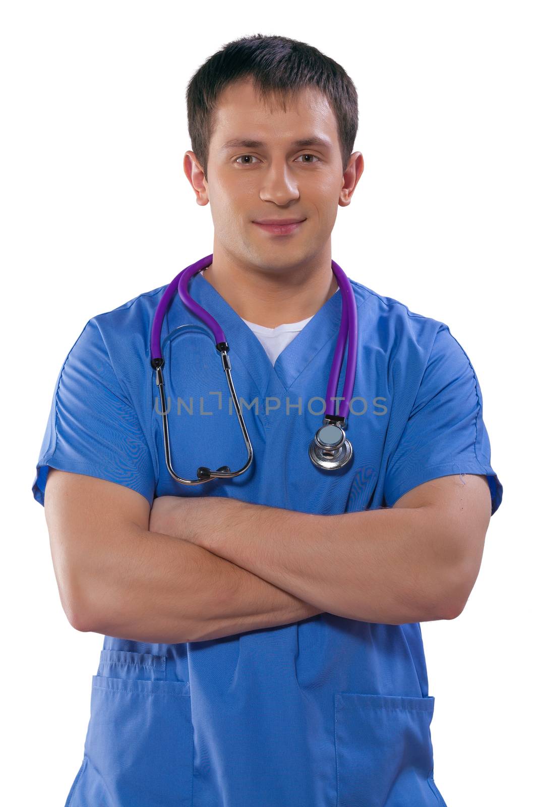 portrait of handsome doctor wearing blue uniform isolated on whi by mihalec