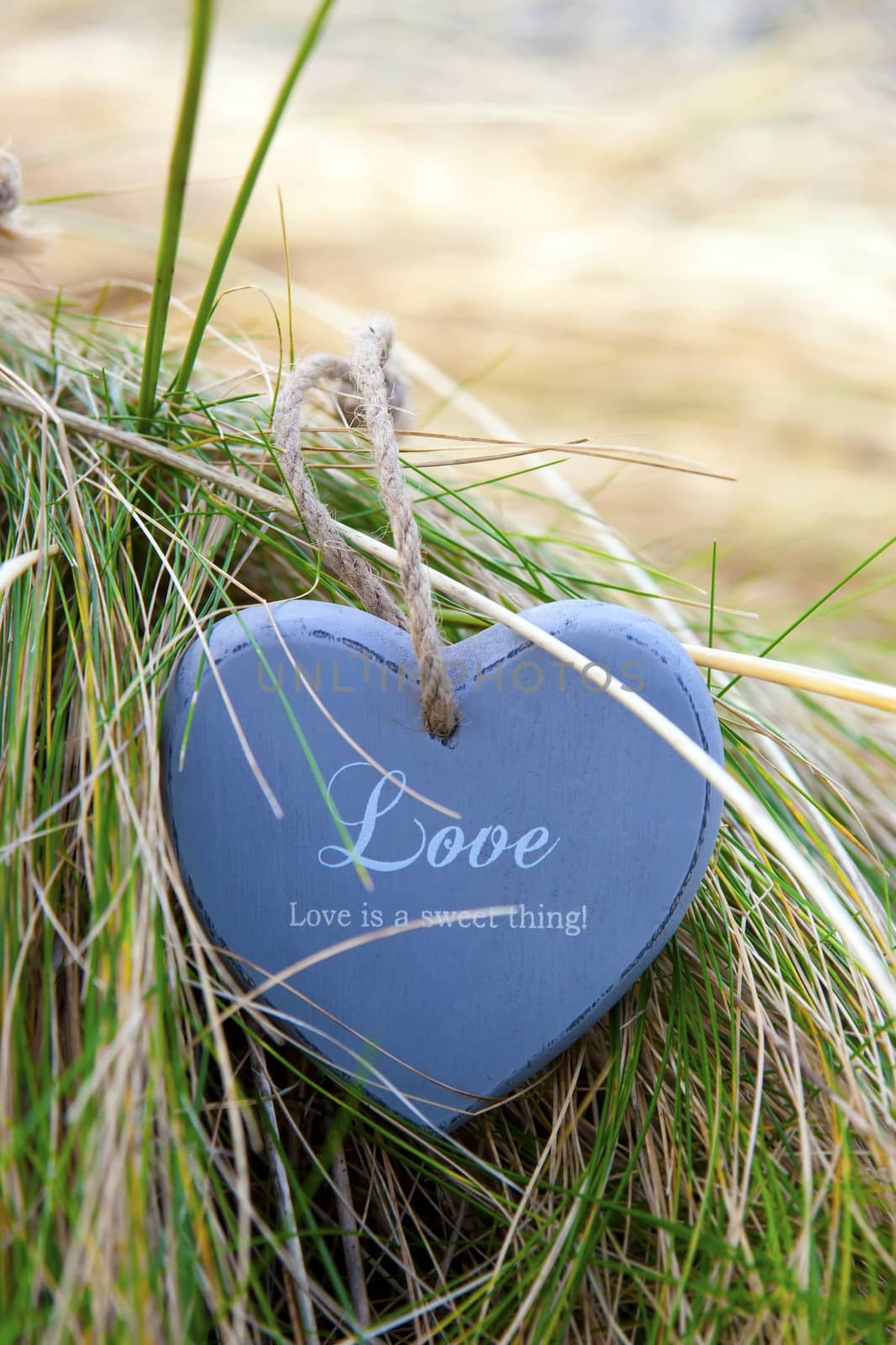 blue wooden love heart on beach by morrbyte