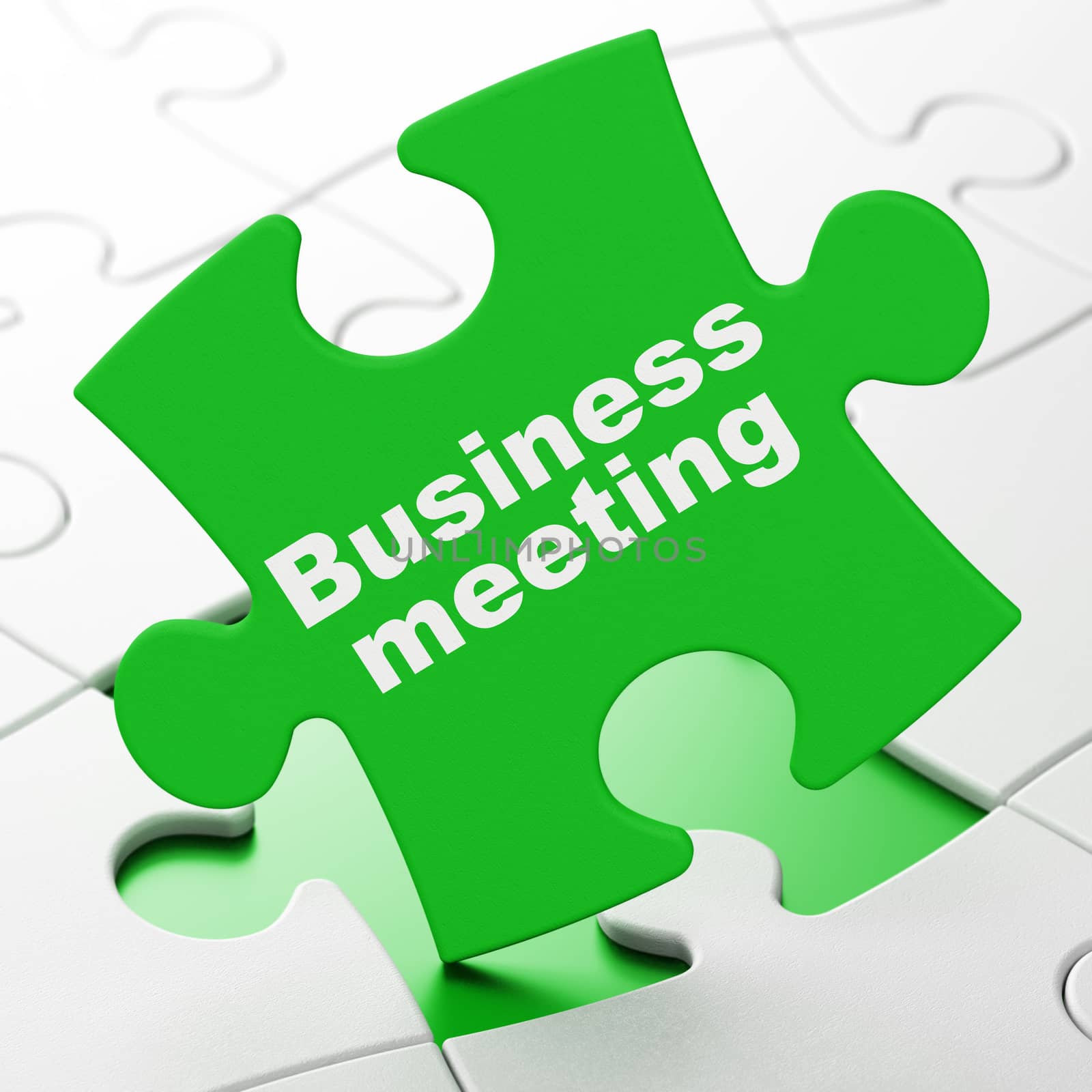 Business concept: Business Meeting on Green puzzle pieces background, 3d render