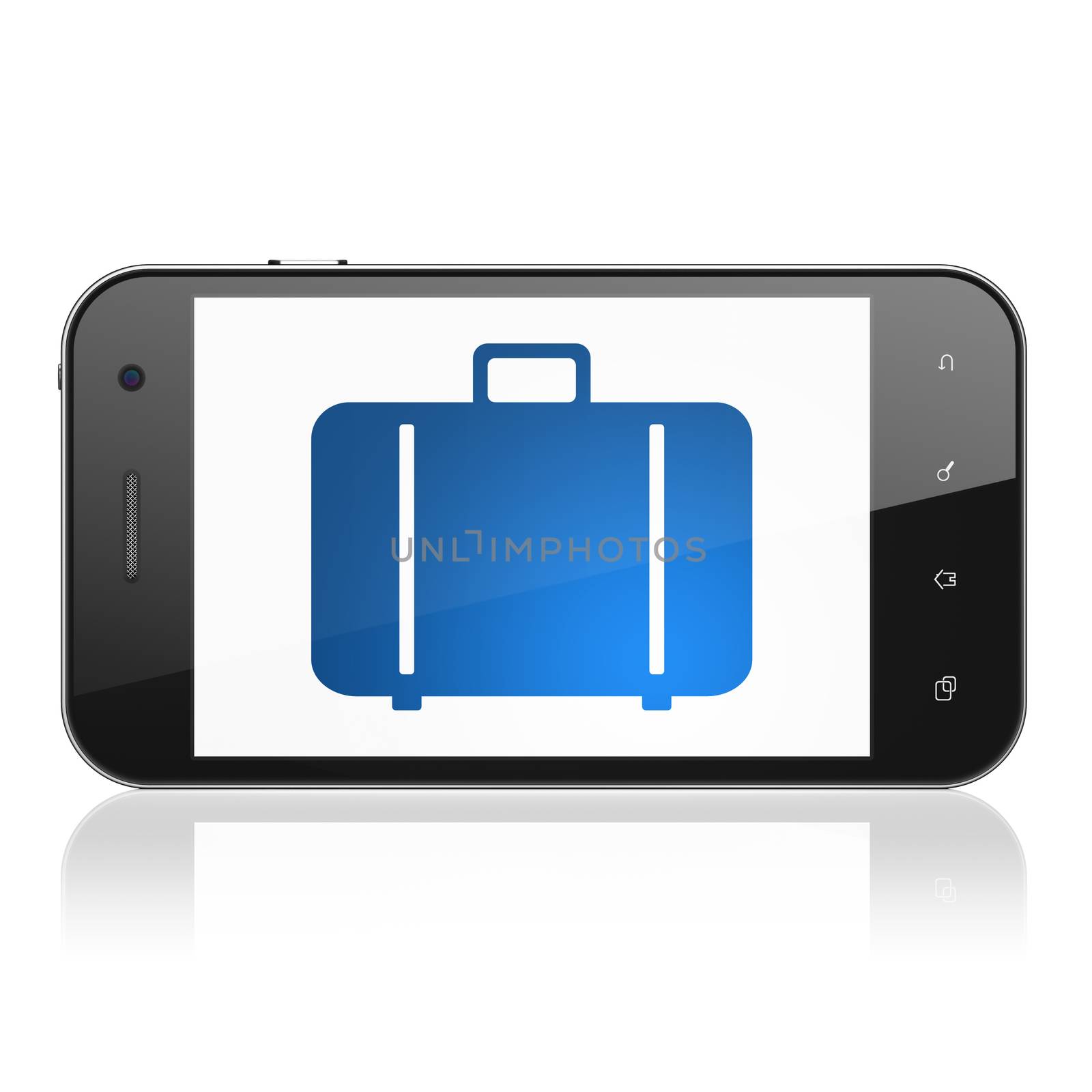 Tourism concept: smartphone with Bag icon on display. Mobile smart phone on White background, cell phone 3d render