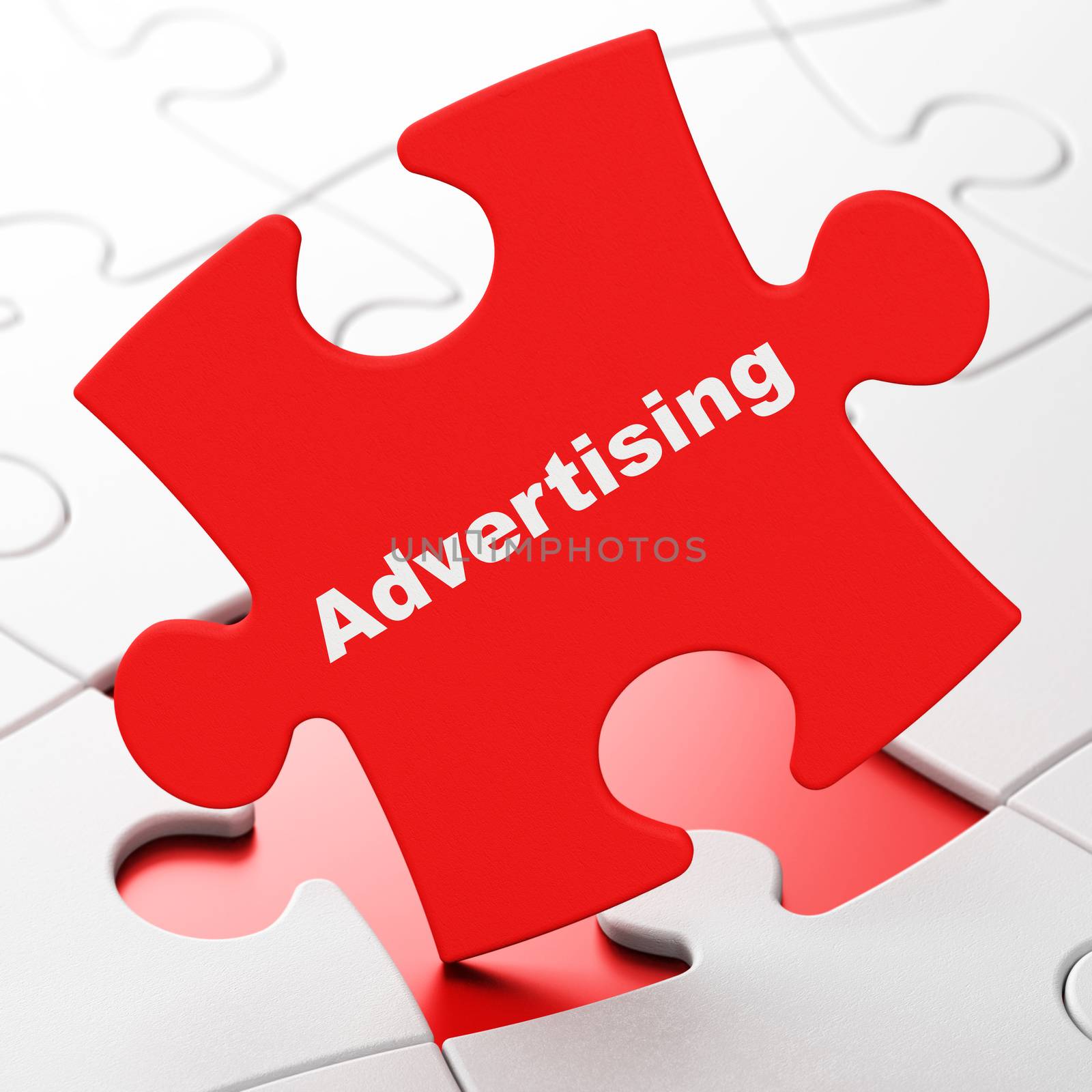 Marketing concept: Advertising on Red puzzle pieces background, 3d render