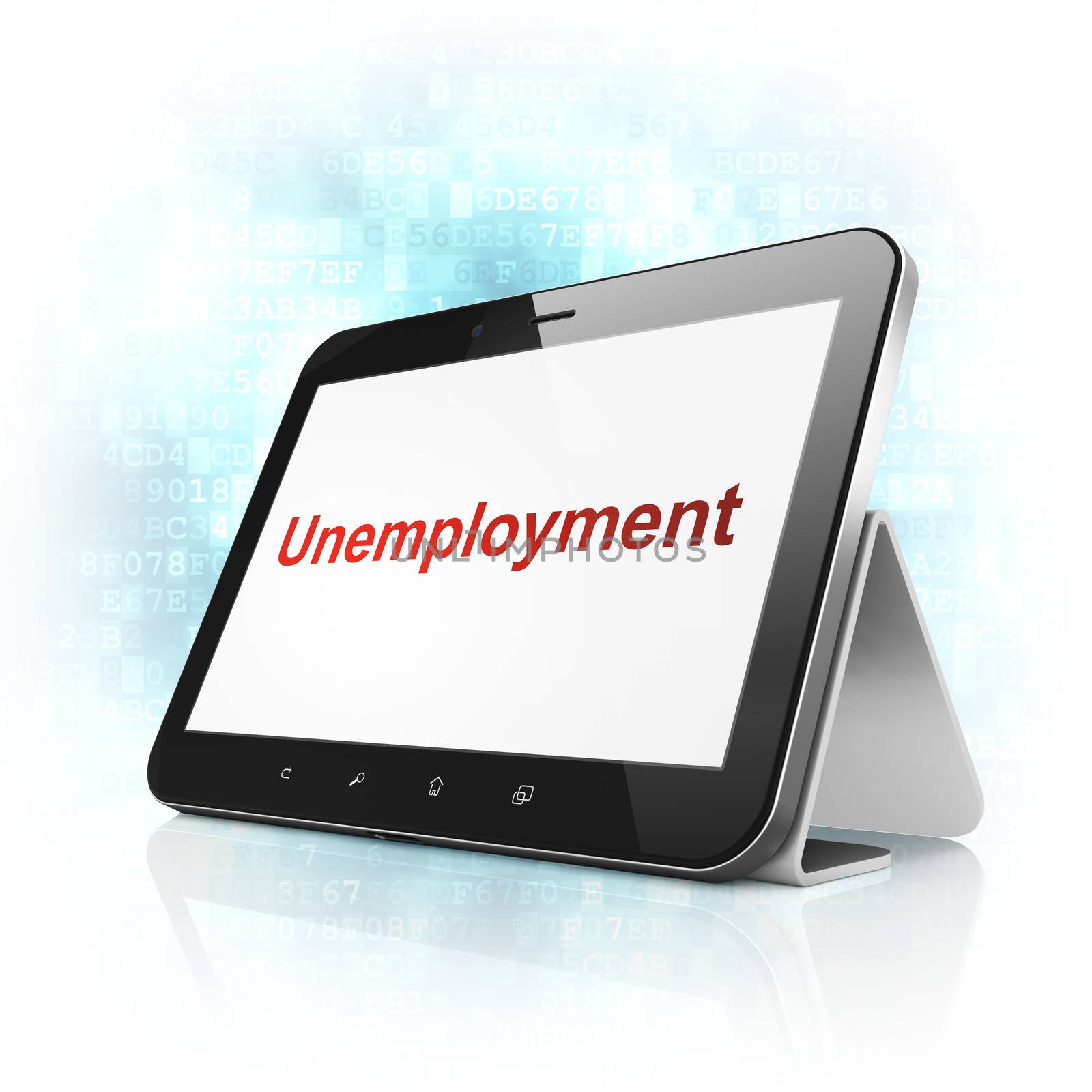 Finance concept: black tablet pc computer with text Unemployment on display. Modern portable touch pad on Blue Digital background, 3d render