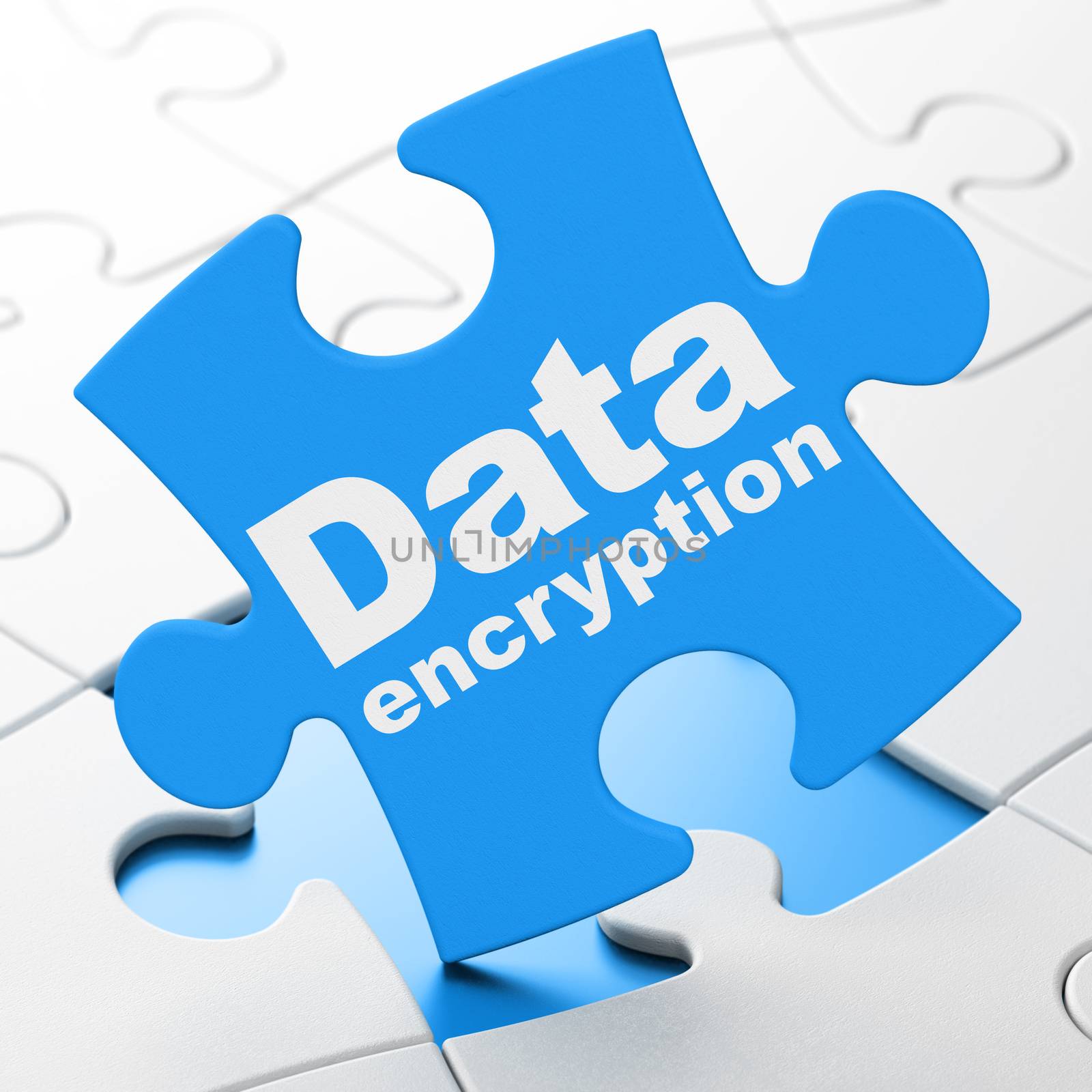 Privacy concept: Data Encryption on Blue puzzle pieces background, 3d render