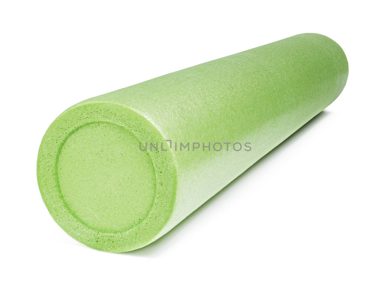 A green foam roller isolated on white with natural shadows. Foam rolling is a self-myofascial release technique that is used by athletes and physical therapists to inhibit overactive muscles. 