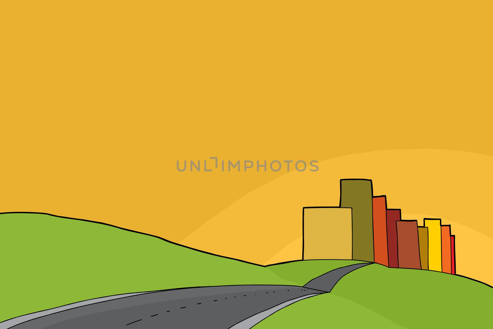 Cartoon of city and rural meadows background