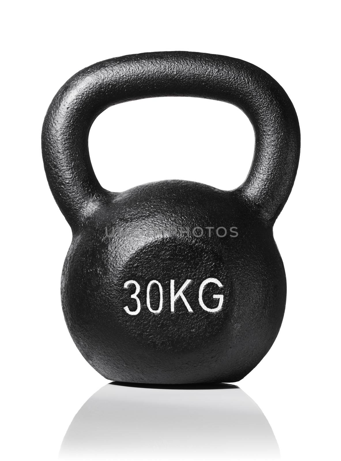A rough and tough heavy 30 kg 66 lbs cast iron kettlebell isolated on white with natural reflection.