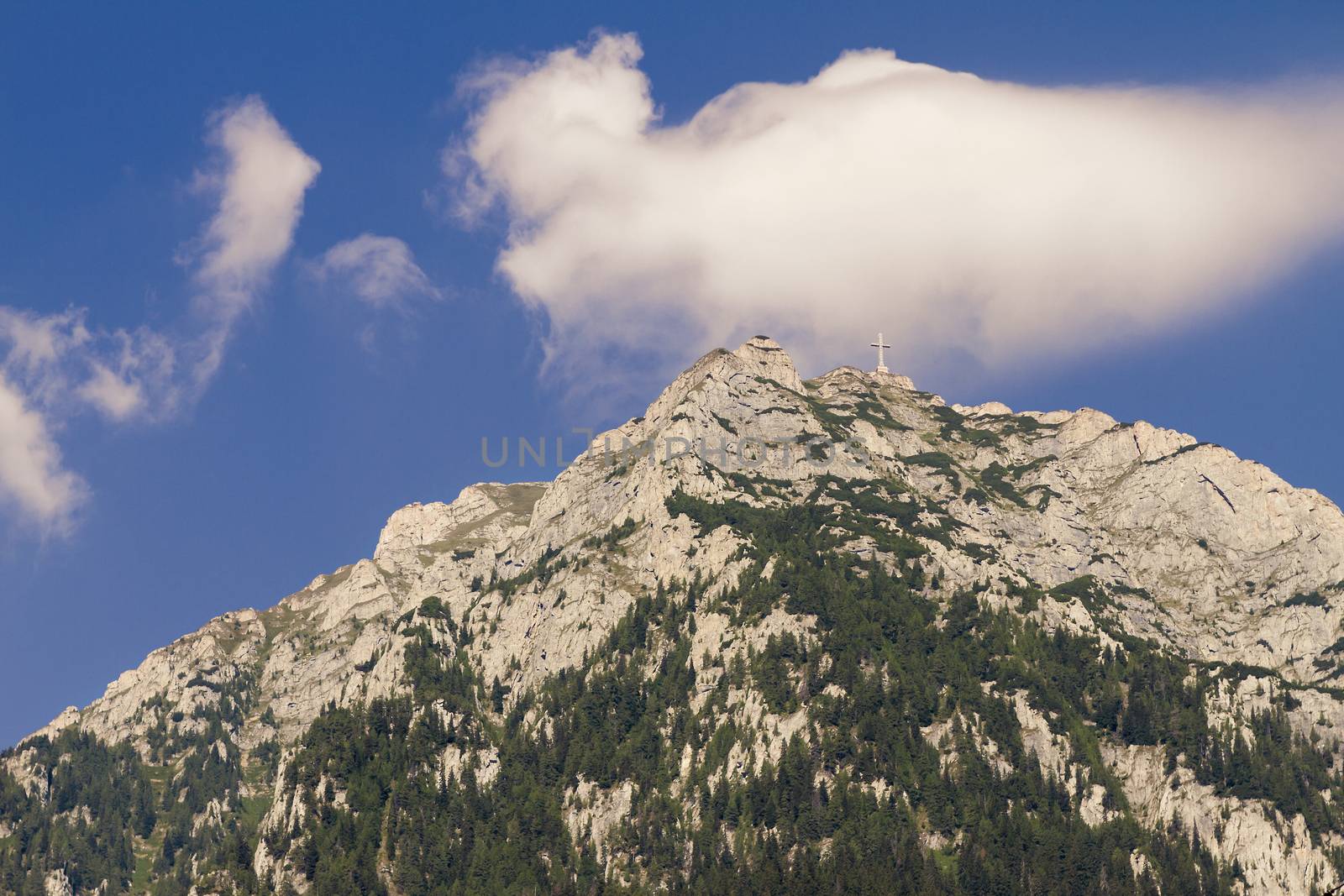 view of caraiman heroes cross monument in bucegi mountains romania