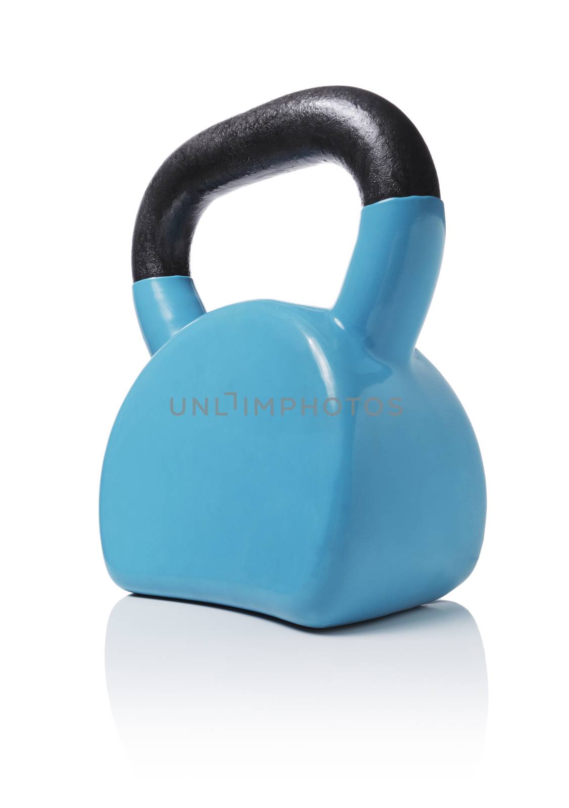 Modern ergonomic vinyl coated kettlebell isolated on white with natural reflection.