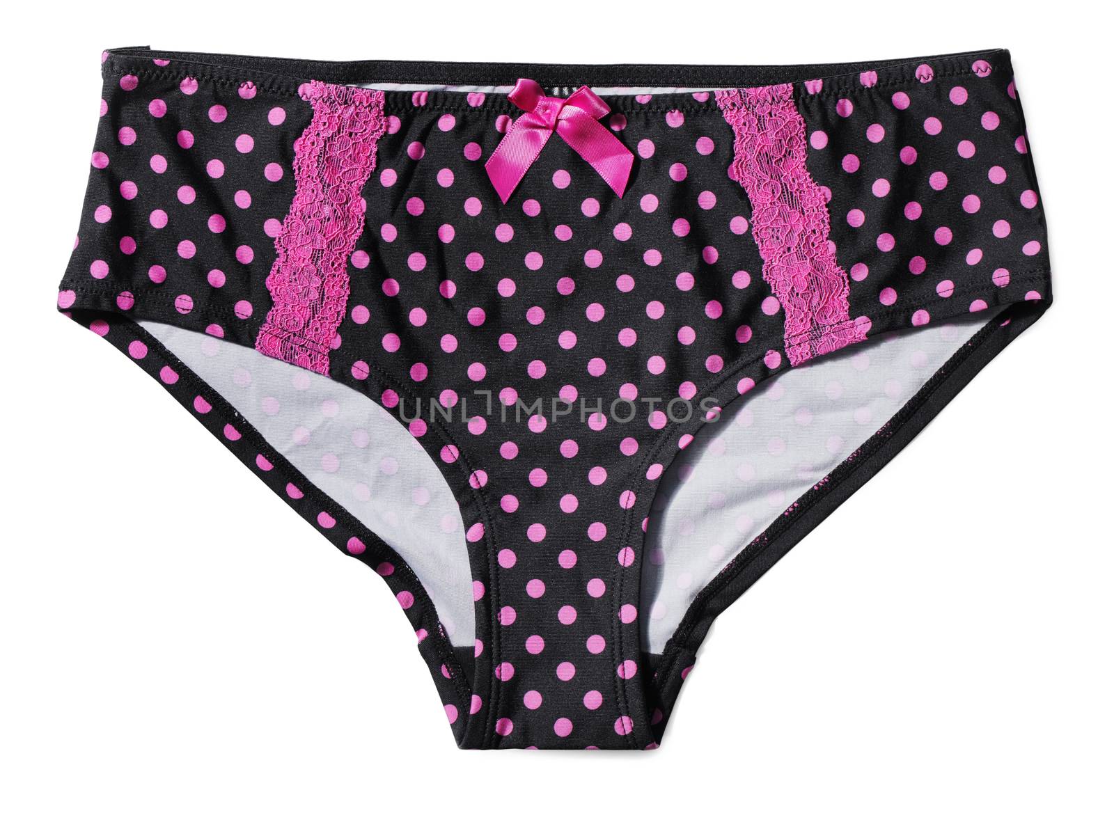 Women's black panties with pink polka dots isolated on white with natural shadow.
