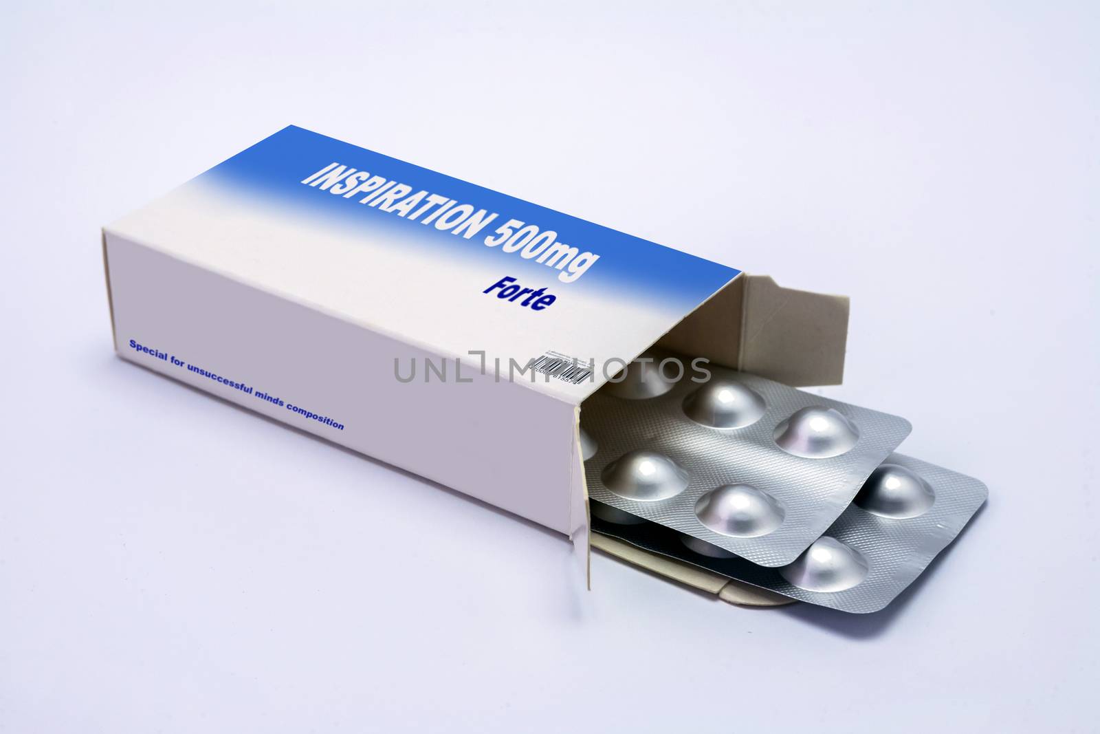 Open medicine packet labelled inspiration opened at one end to display a blister pack of tablets, illustration on white 