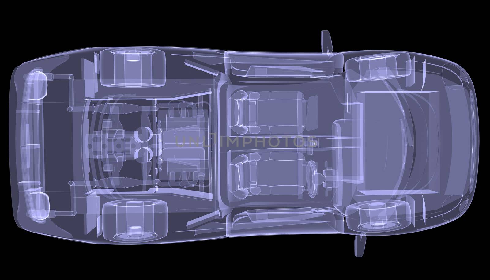 X-ray concept car. Top view. Isolated render on a black background