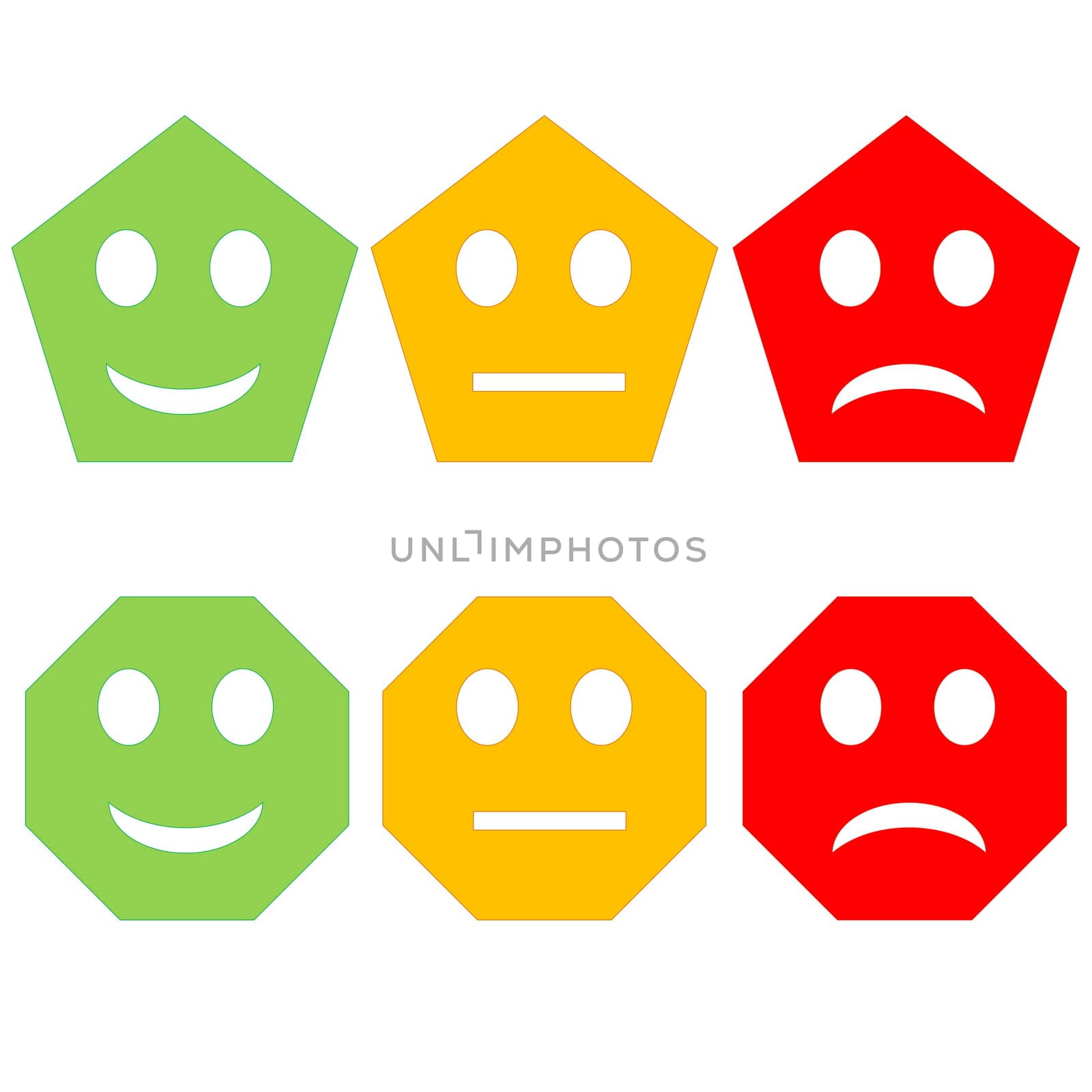 Three pentagon and hexagon happy to sad smileys in white background