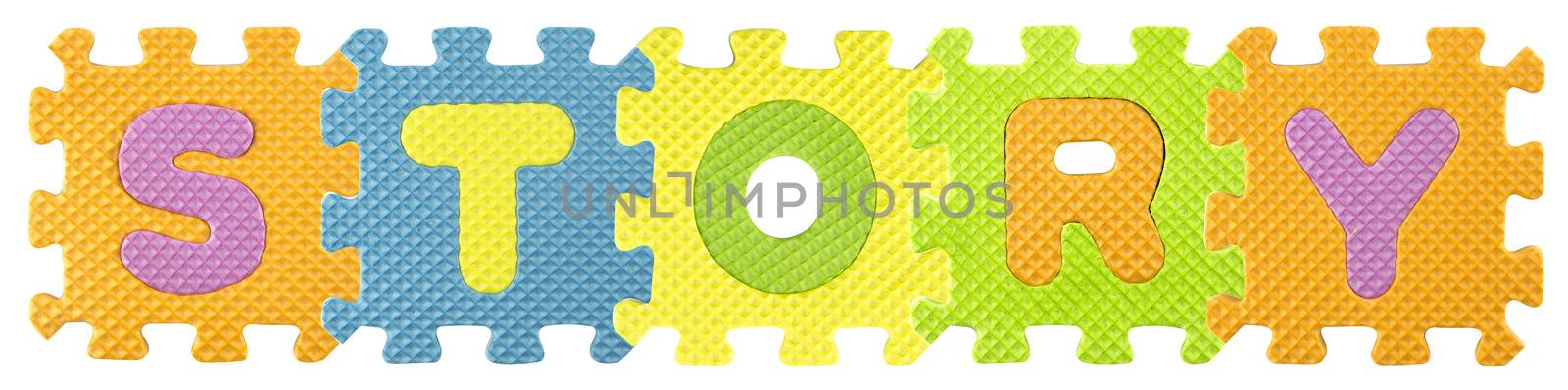 Story word created from Alphabet puzzle isloated on white background , with clipping path.