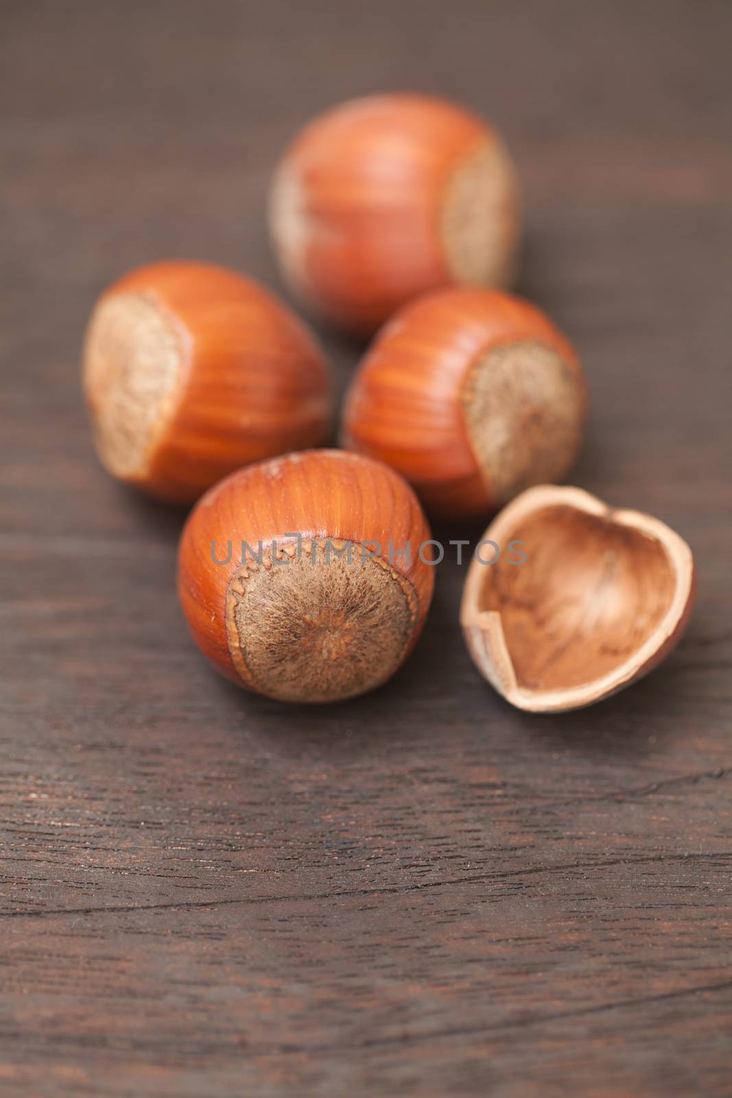 heap of hazelnuts on a wooden surface by jannyjus